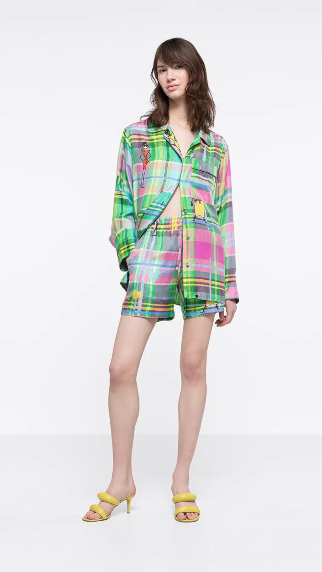 AZ Factory Chromatic Love Silk Blouse. Elastic waist silk shorts in multi color plaid with Alber Elbaz sketches on top. Shown on model facing front.