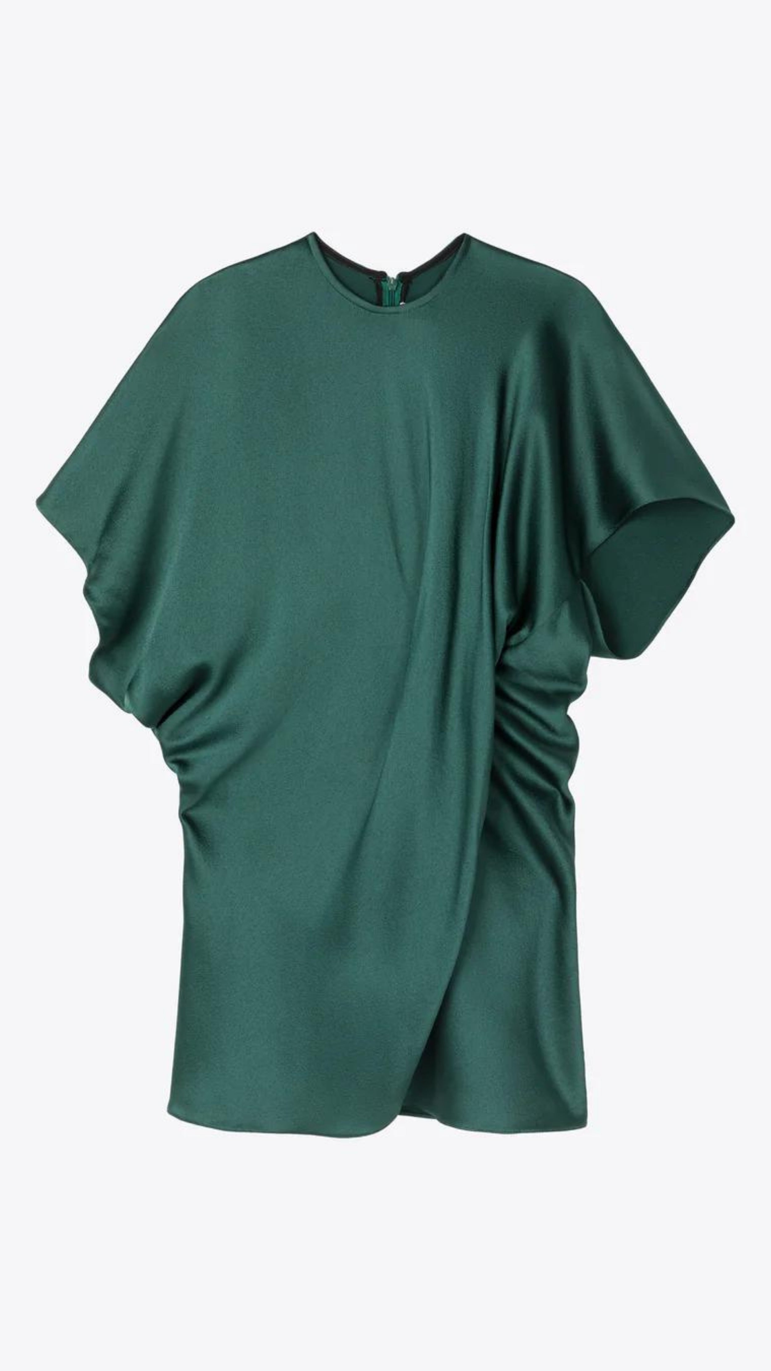 AZ Factory Colville Molly Molloy Lucinda Chambers, Asymmetric Satin Tee Shirt. Elegantly draped in forest green satin material in a classic tee shirt shape. Product photo from the front.