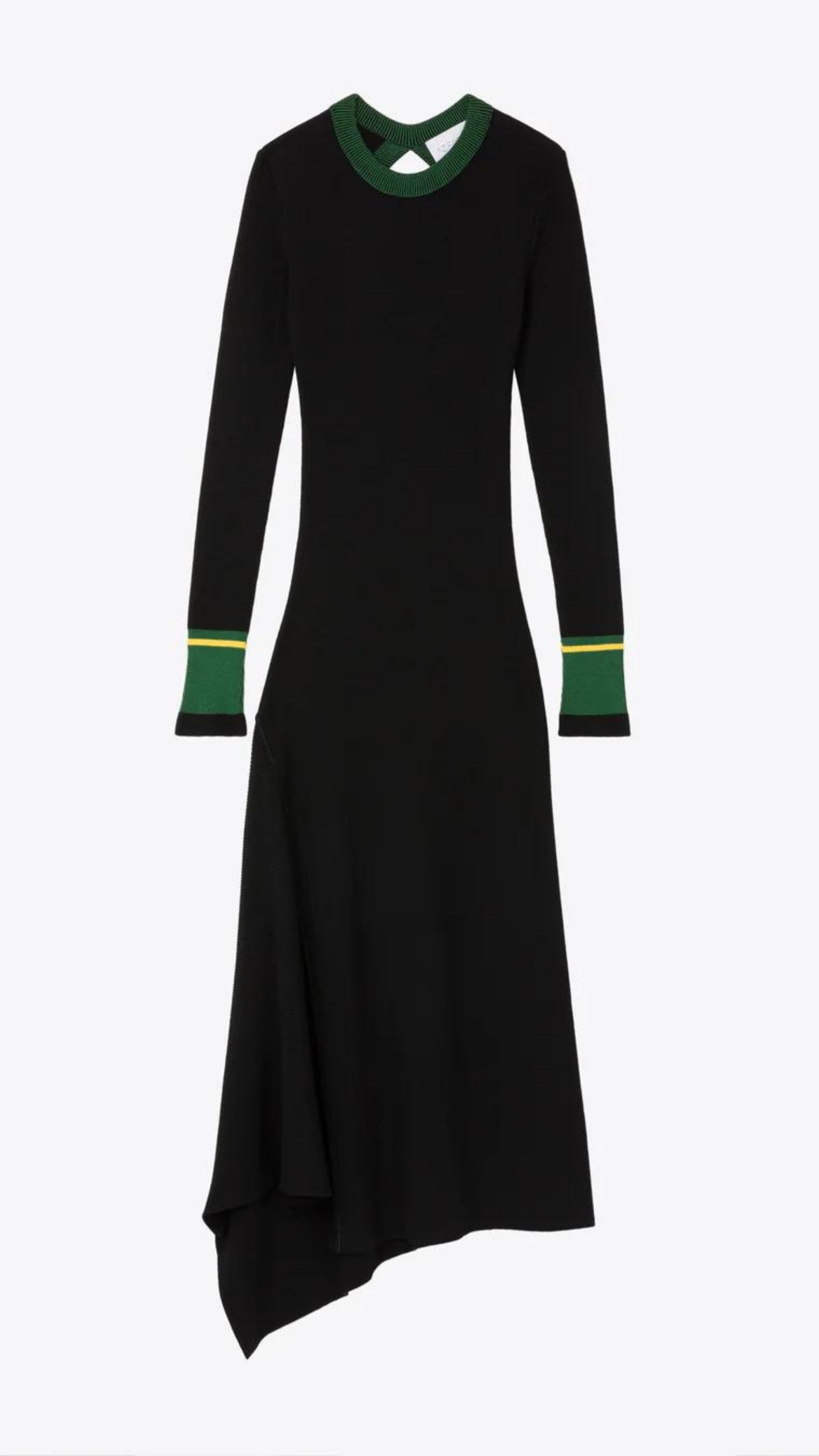 AZ Factory Colville Molly Molloy and Lucina Chambers Back Keyhole Asymmetrical Dress. Knit dress in black with a key hole cut out in the back. The neckline and the cuffs are rimmed in green and yellow. Asymmetrical long hem. Product photo facing front.