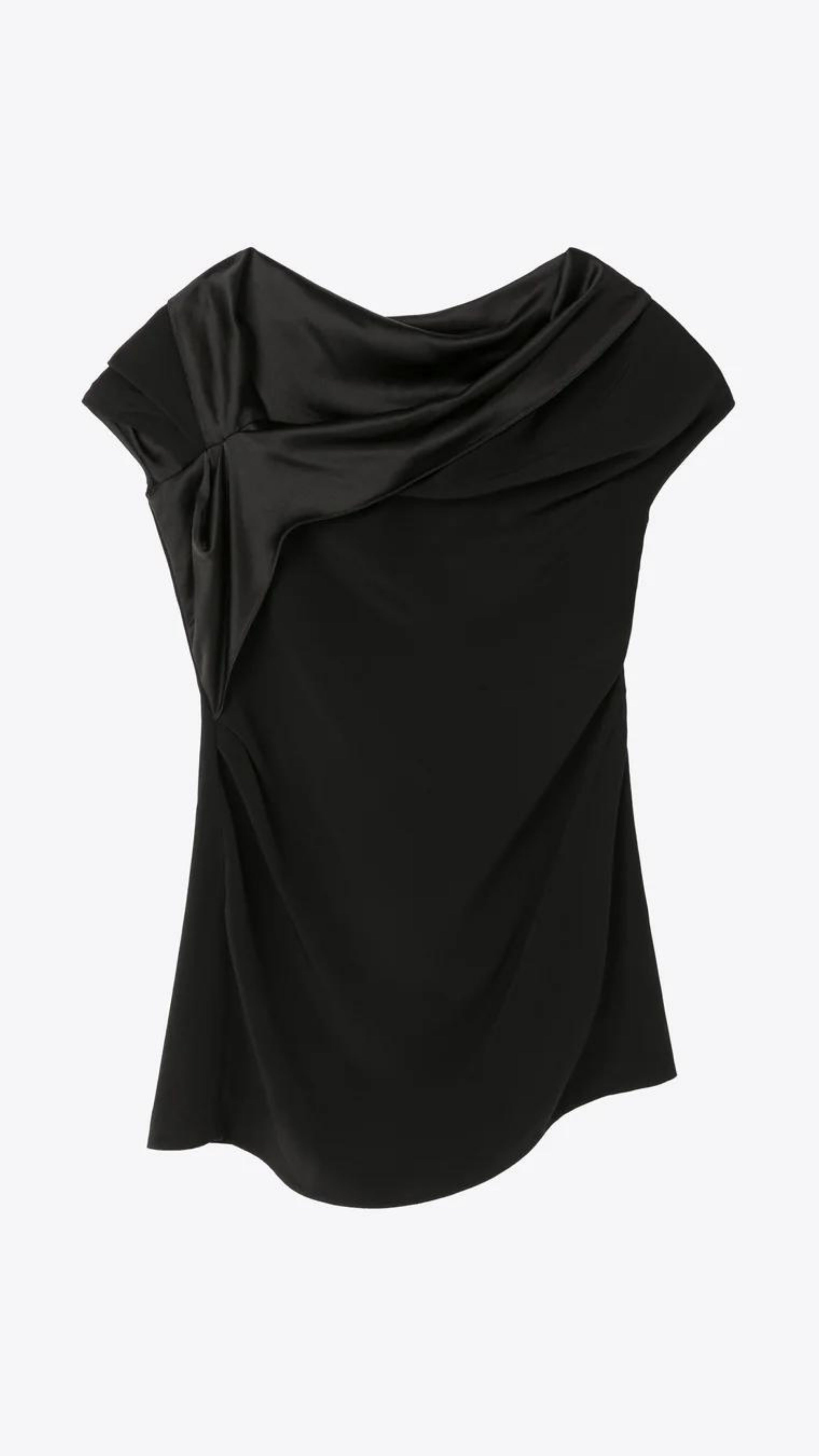 AZ Factory Colville Molly Molloy Lucinda Chambers, Draped Satin Top. Draped satin top with matte and shine satine fabric. Asymmetrical across the top to provide an off the shoulder style on one side. Product photo shown from the front.
