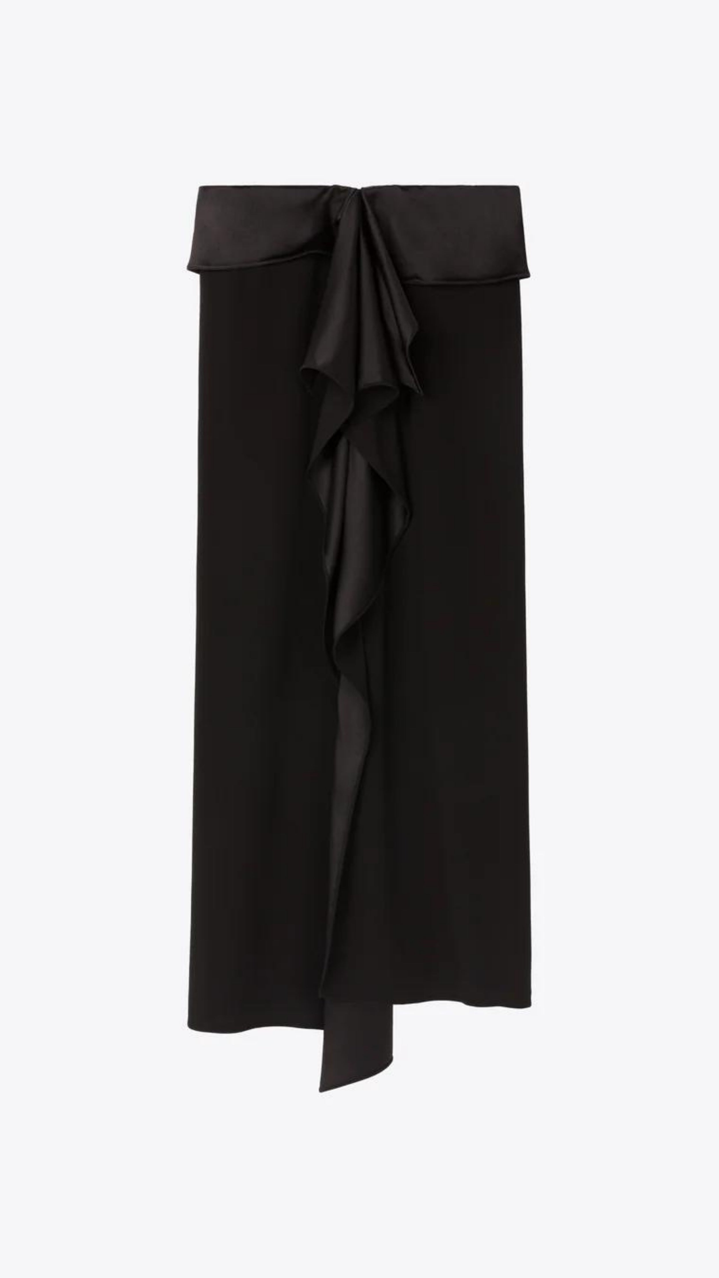 AZ Factory Colville Molly Molloy Lucinda Chambers, Ruffled Crepe Skirt in Black A sleek midi length skirt crafted from a mix of crepe and satin, complemented by a fold-over belt and delicate ruffling along the front panel. Flat product photo