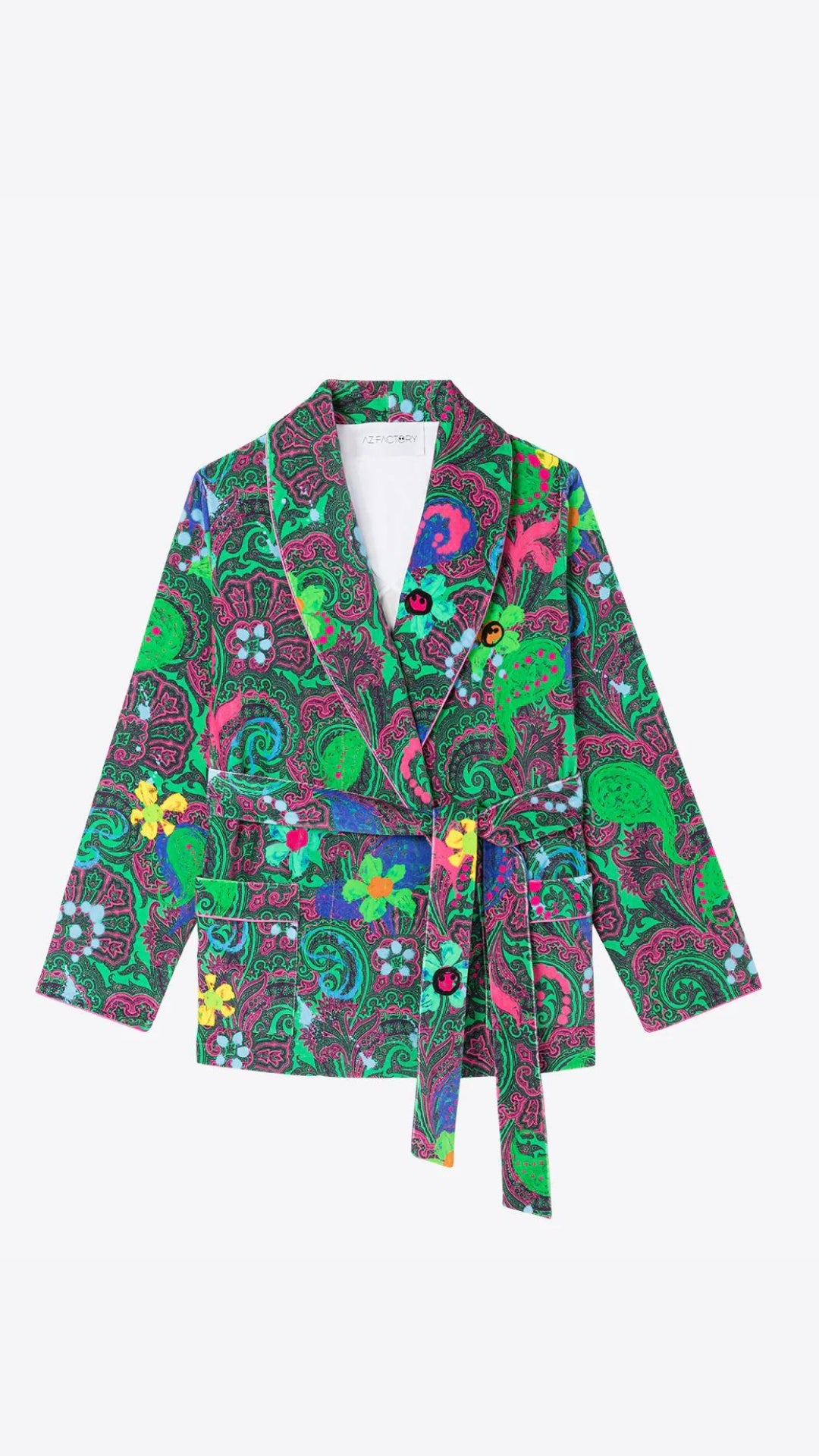 AZ Factory Shawl Collar Jacket in Motly Paisley. This lightweight, belted jacket boasts an all-over printed velvet fabric, tie belt, front patch pockets, butterfly lining, and piping details for an extra touch of elegance. Product photo shown from the front. 
