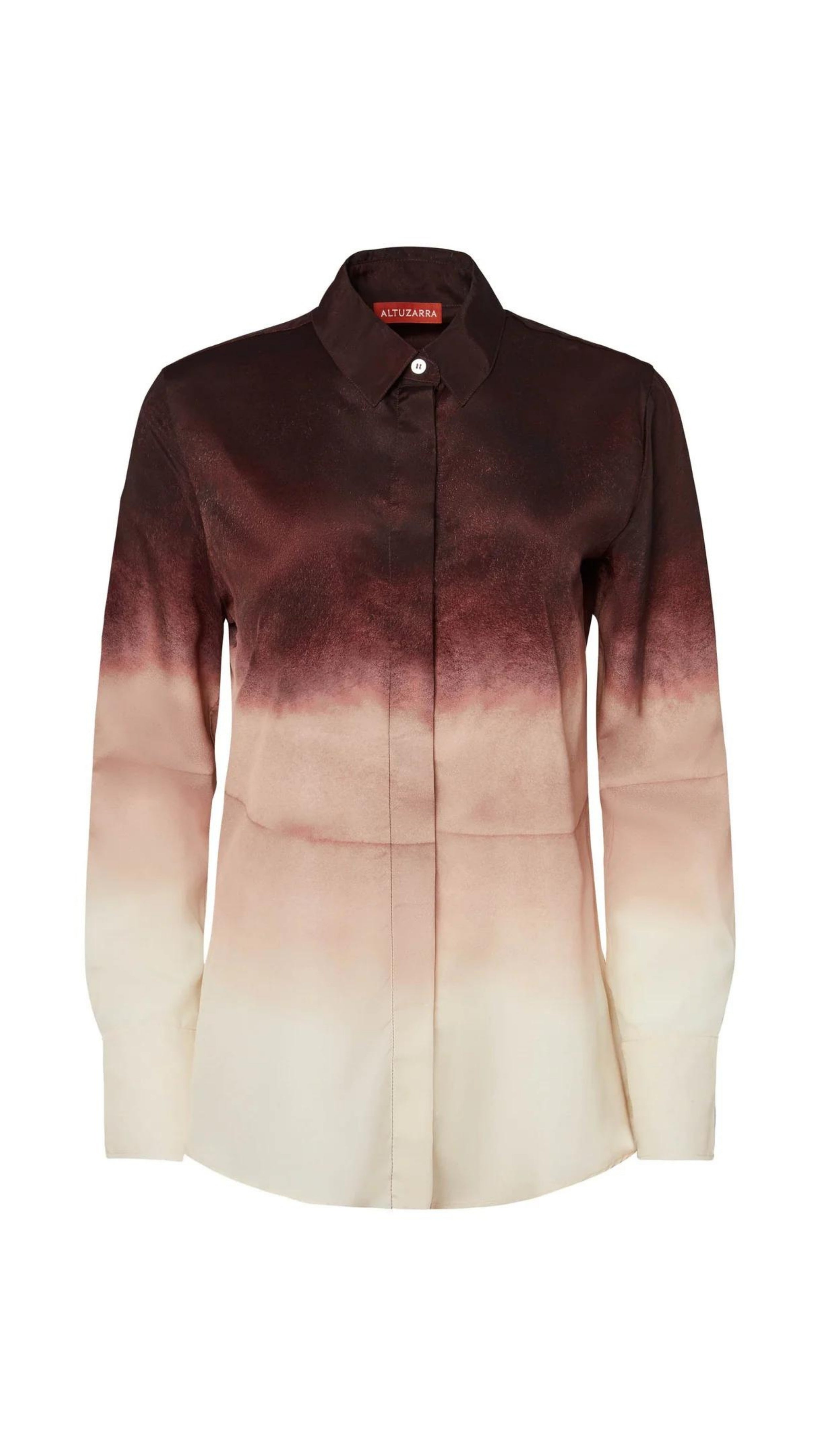 Altuzarra The Chika Top is crafted from Italian silk in an elegant cranberry to ivory dip dye ombre. The classic style button down shirt features a small point collar, concealed button front closure, and long cuffed sleeves. Product photo shown from front.
