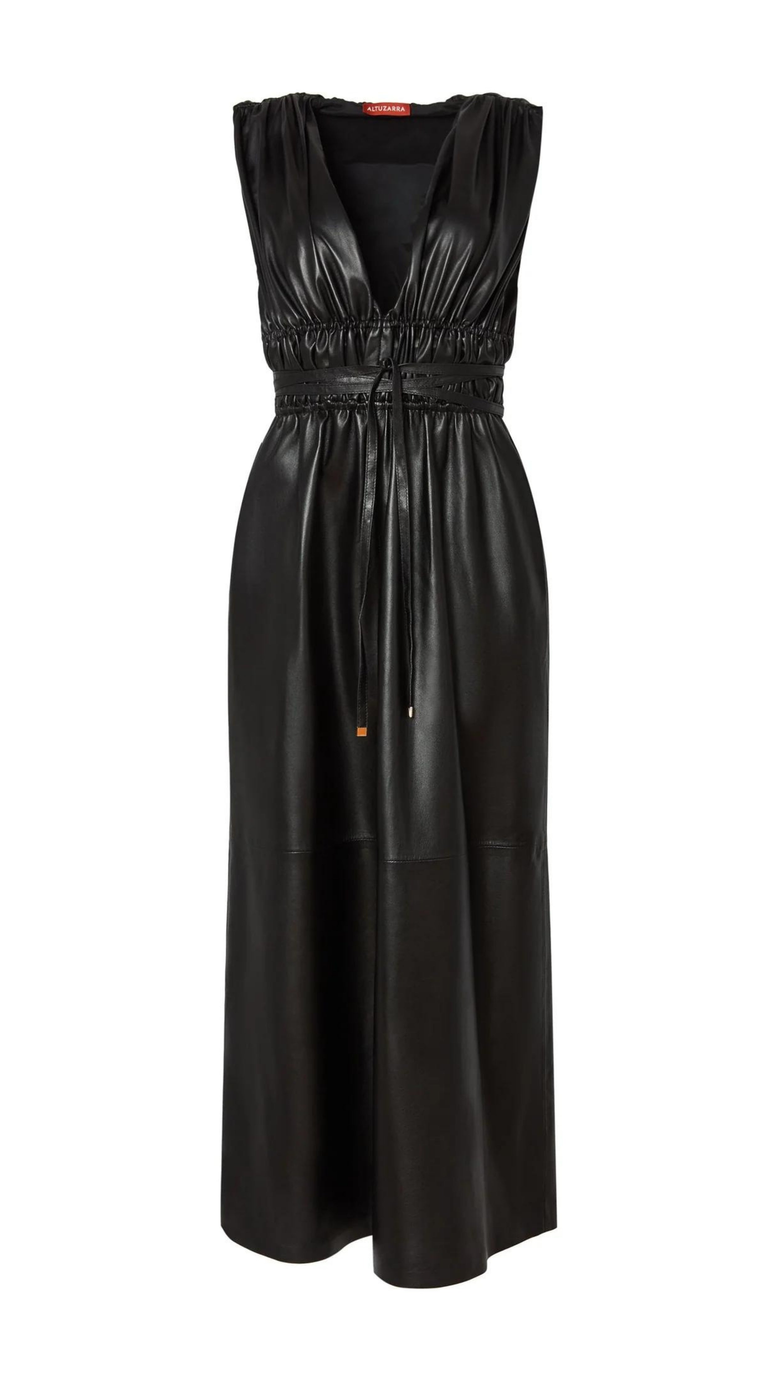 Altuzarra Fiona Dress, made from soft lamb leather. It features a maxi silhouette with a low V-neck, sleeveless, and ruching that folds at the waist with a thin leather belt. Product photo facing front.