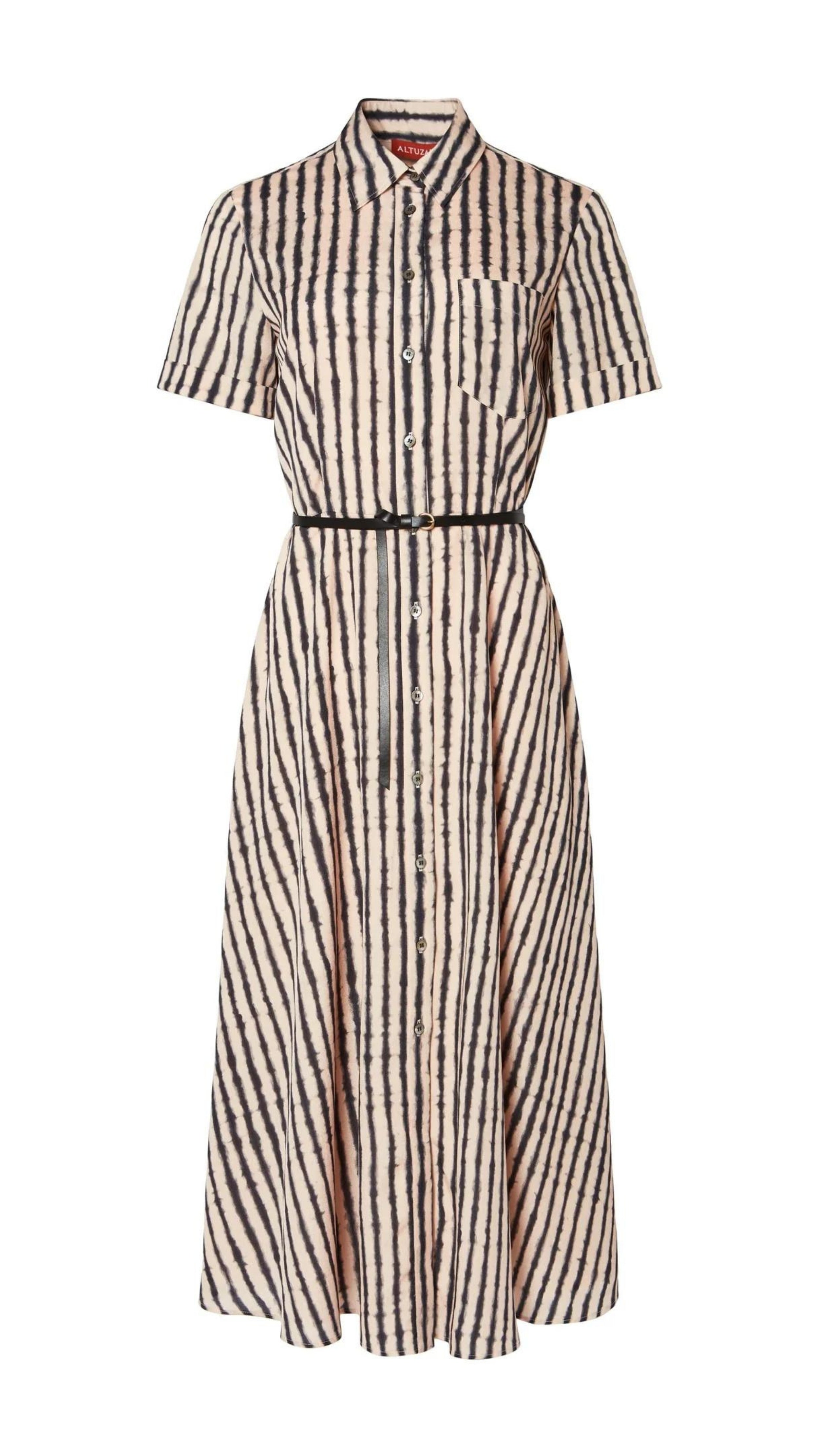 Altuzarra Kiera Dress The 'Kiera' dress is designed with a small point collar, short sleeves and a flattering A-line skirt. It is detailed with a slim leather waist belt and features a black and white stripe pattern and a front breast pocket. Product photo facing front.