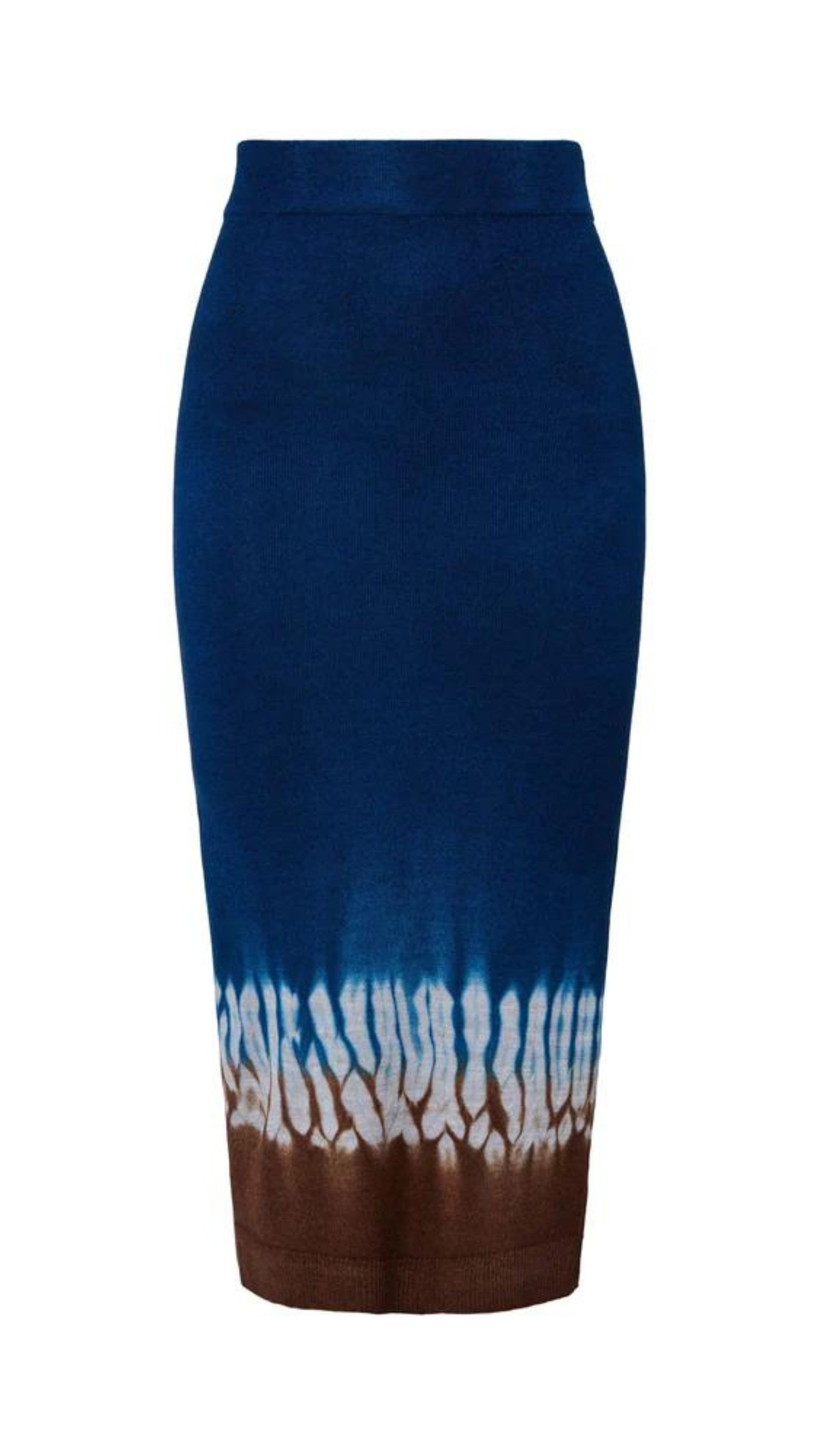 Altuzarra 'Morse' skirt, featuring Altuzarra's iconic Shibori tie-dye technique in brown, white, and blue. Made from 100% Superfine Merino 130's wool, this high-rise pencil silhouette midi length skirt. Product photo shown flat