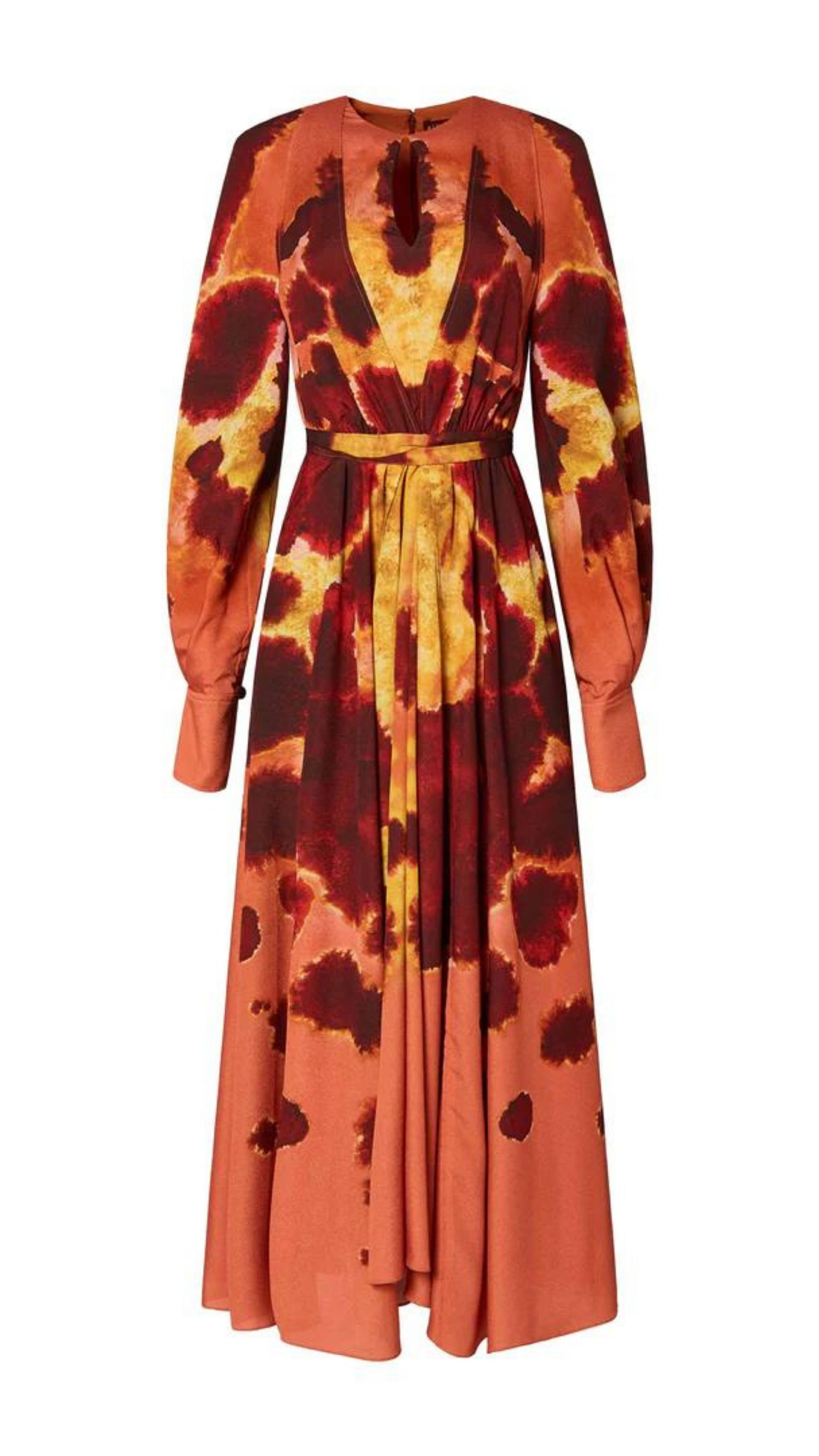 Altuzarra Peirene Dress. The Peirene midi dress has a relaxed silhouette with a tie at the waist. The keyhole neck can be styled closed or open, creating a v-neck look. Made in beautiful peach, cranberry, and yellow dyed pattern. Flat product photo facing front