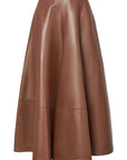 Altuzarra Varda Skirt Made from soft, subtle brown lamb leather, it has an A-line skirt. Midi-length SS24 runway piece. The skirt hem falls to just below the knee. Product photo from the front.