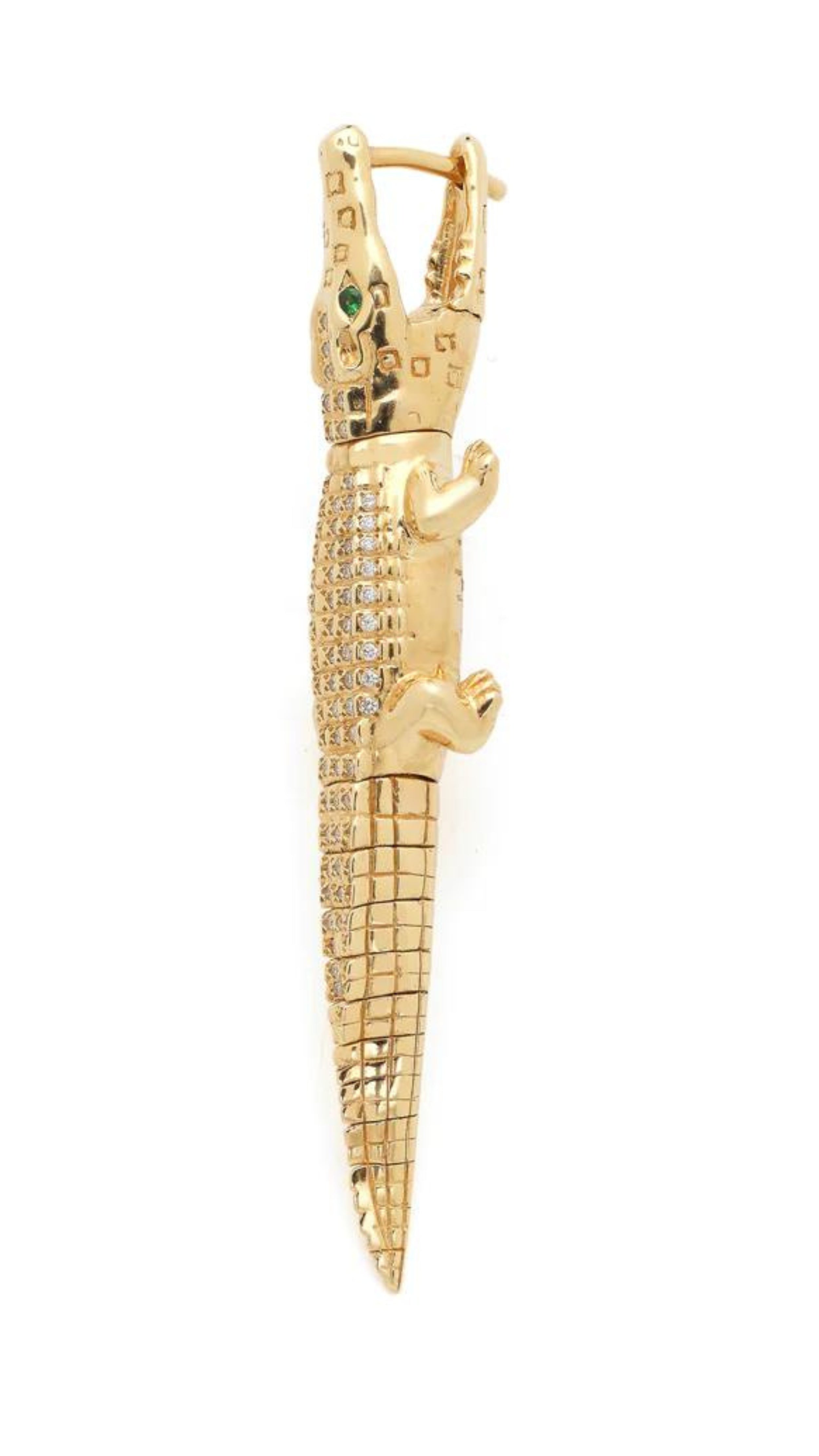 Bibi van der Velden, Alligator Bite Diamond Earring. Single alligator earring crafted in 18K gold with white diamond pace body. Shown from the side.