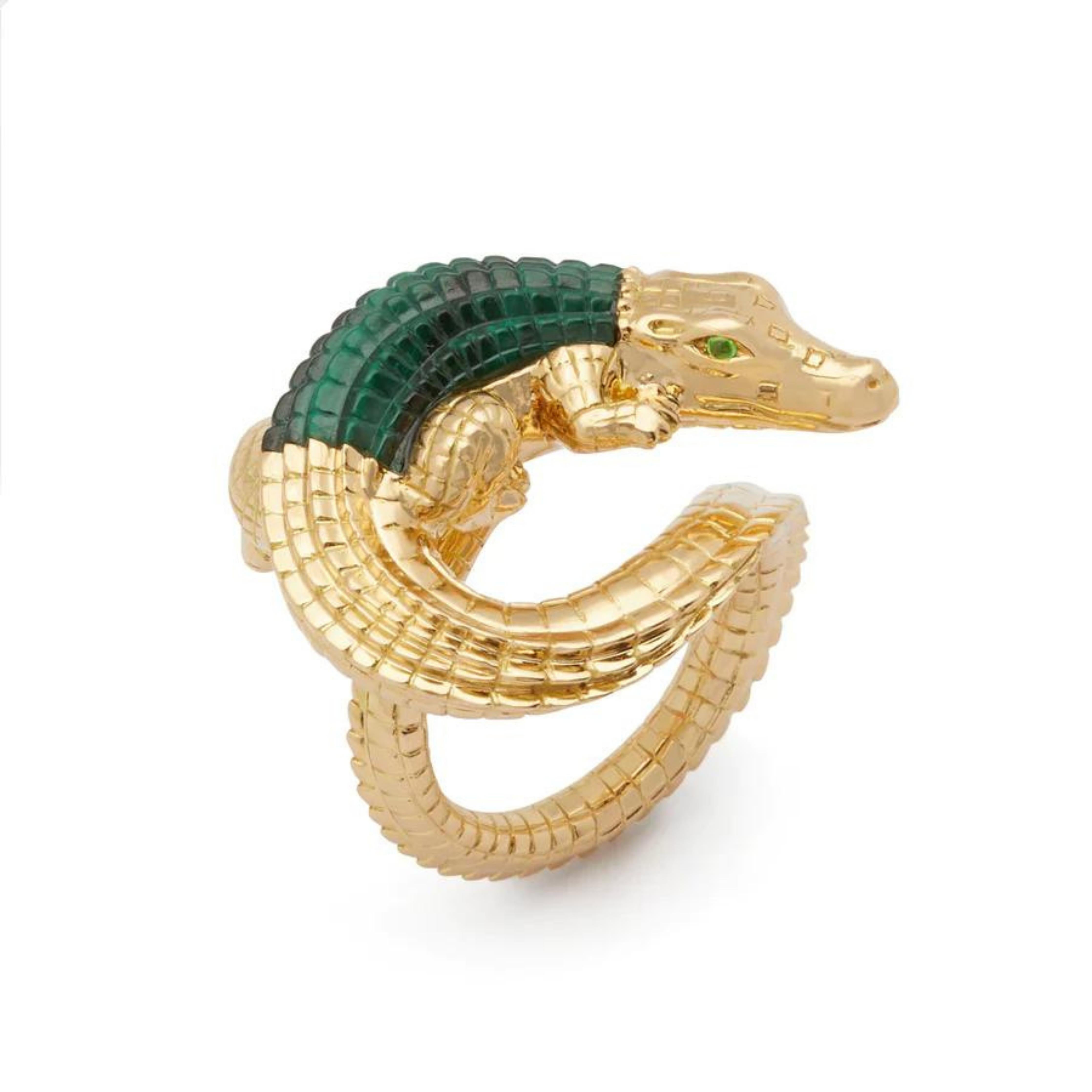 Bibi van der Velden Alligator Twist Ring in Malachite. An intricately carved ring crafted from 18K Gold with a malachite stone alligator body. The alligator is twisted from tail to nose and the ring is set beneath the scultpure. Photo shown from the side view.