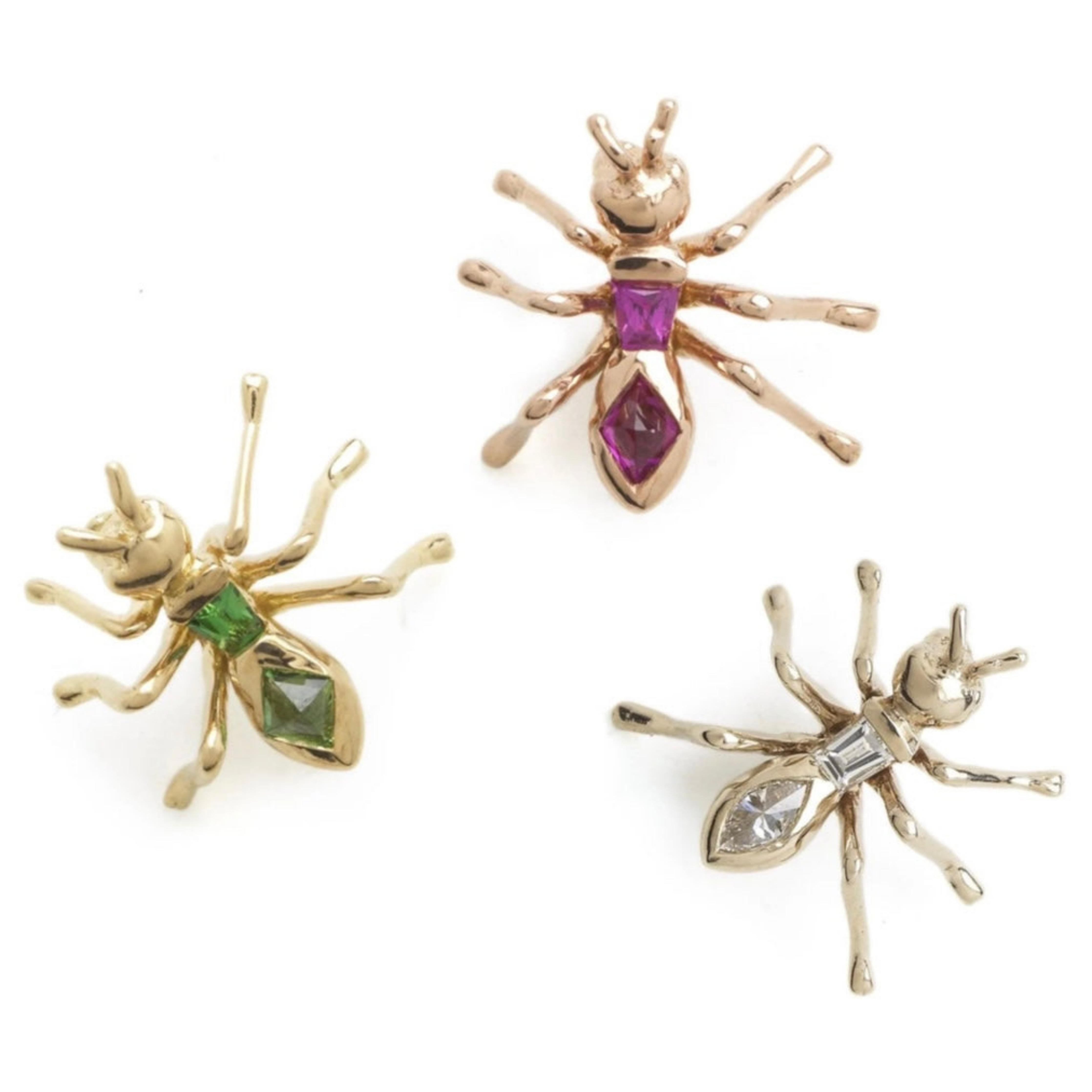 Bibi van der Velden Ant Single Stud Earring - Green Tsavorite. Sculptural single earring in the shape of an ant with two Green Tsavorite stone forming the body. Earring shown in different colored stone options.