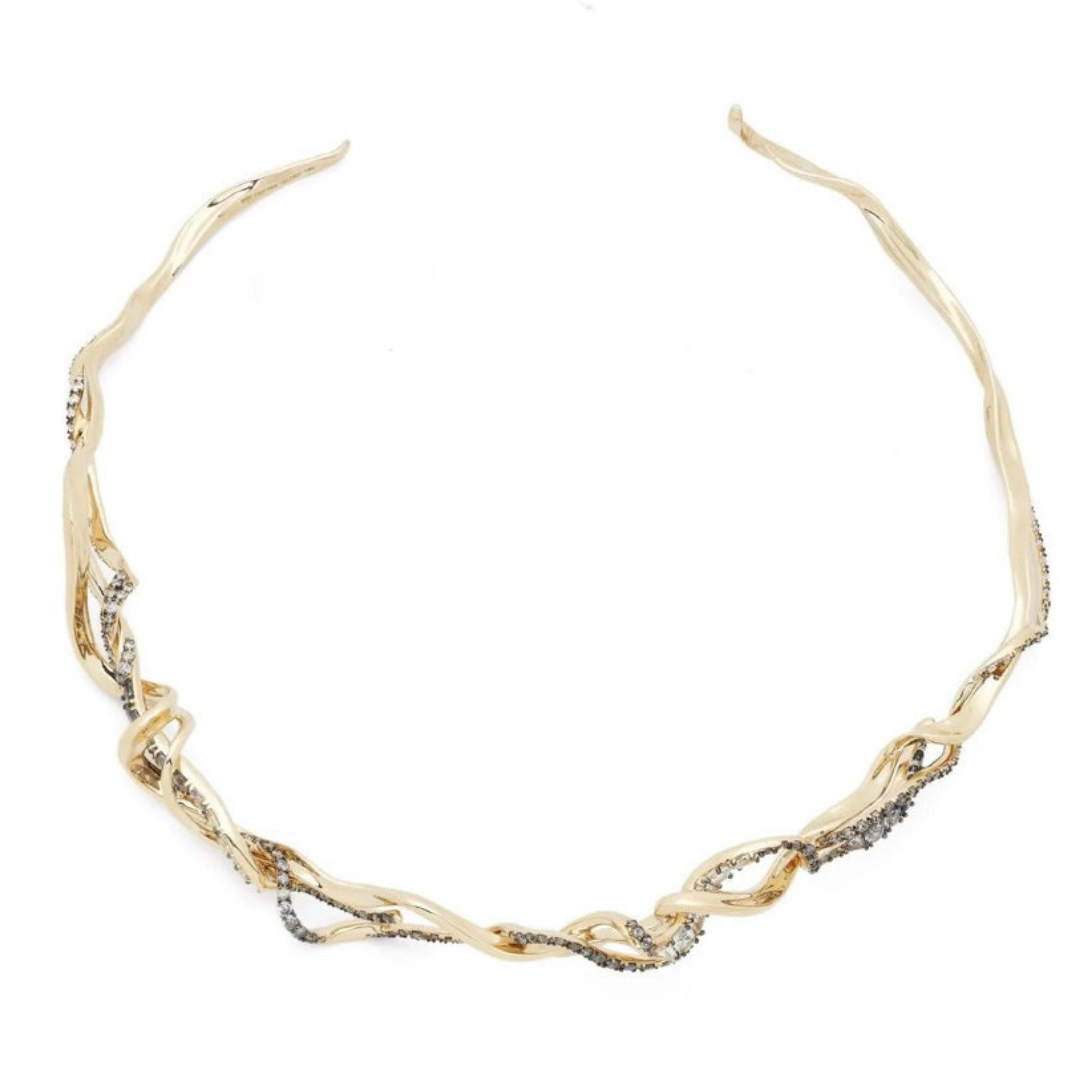 Bibi van der Velden Diamond Smoke Fume Choker. Fitted sold 18K gold choker style necklace with intertwining white diamonds, grey diamonds and spinels. Product photo shown from the top.