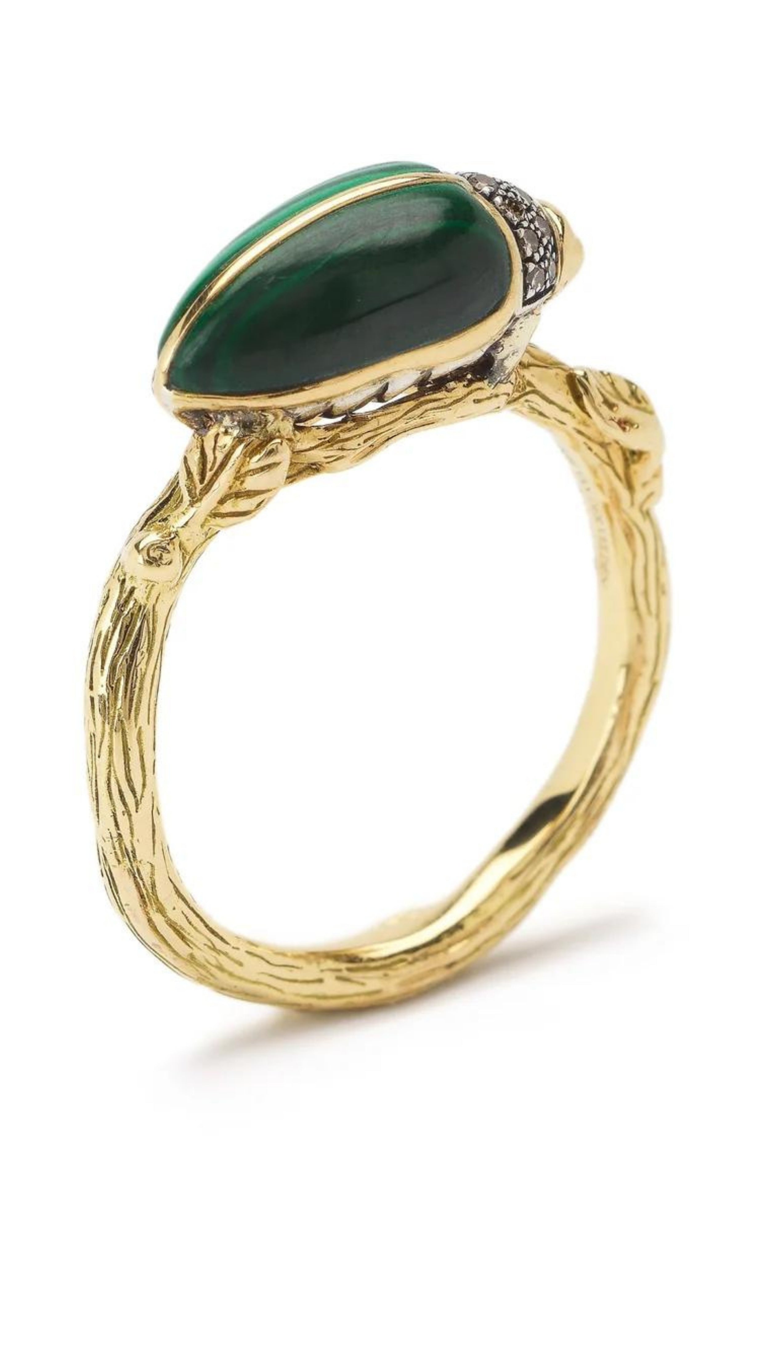 Bibi van der Velden Malachite Scarab Ring Made in 18K yellow gold and sterling silver, this ring textured branch design and a carved Malachite scarab beetle on top. Shown from back and side angle.