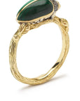 Bibi van der Velden Malachite Scarab Ring Made in 18K yellow gold and sterling silver, this ring textured branch design and a carved Malachite scarab beetle on top. Shown from back and side angle.