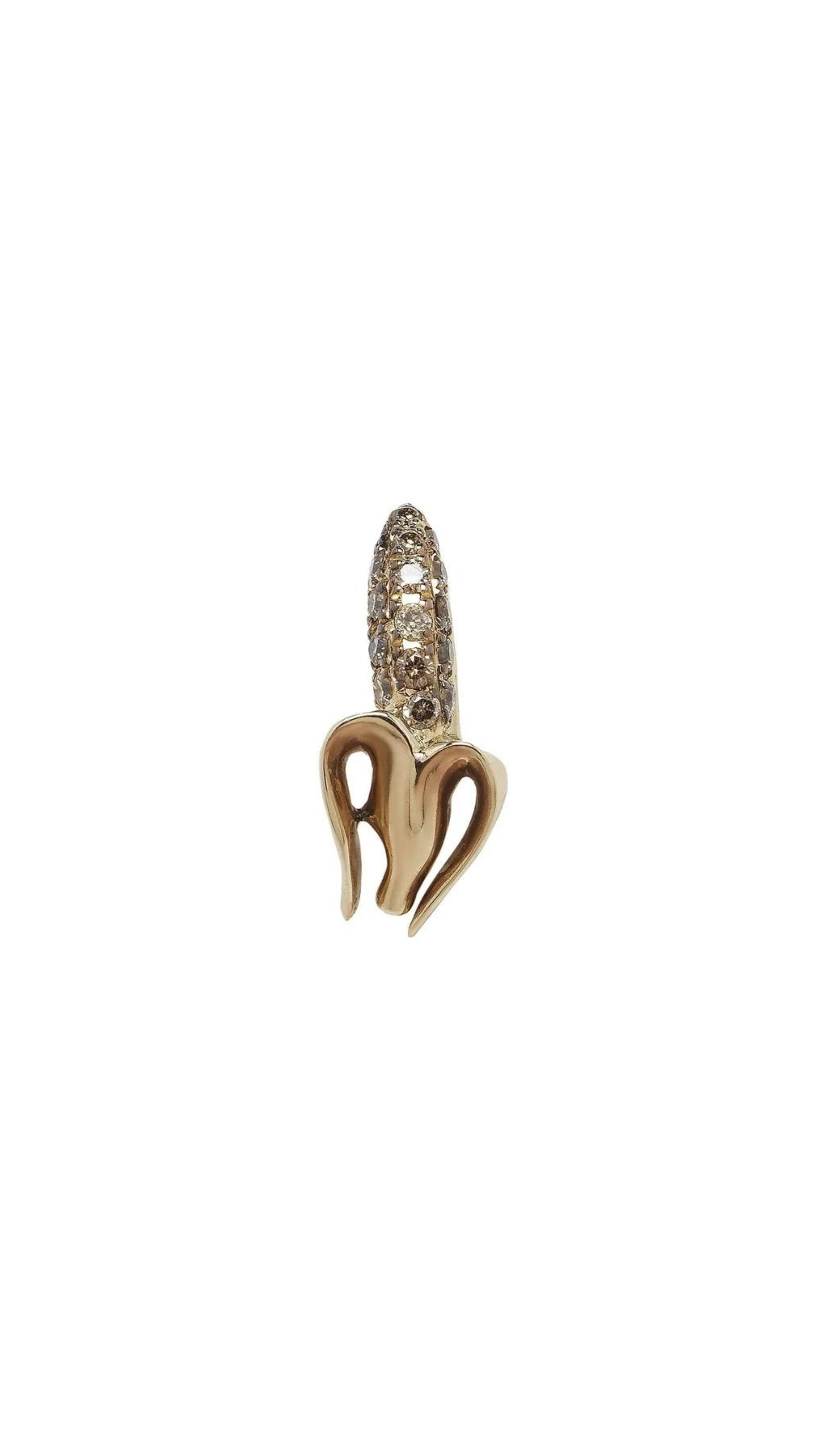 Bibi van der Velden Monkey Mini Banana Stud in Diamond. Single stud earring crafted in the shape of a partially peeled banana. The peel is made from 18K gold and the banana is pave with diamonds. Stud. Photo shows earring from the front angle.