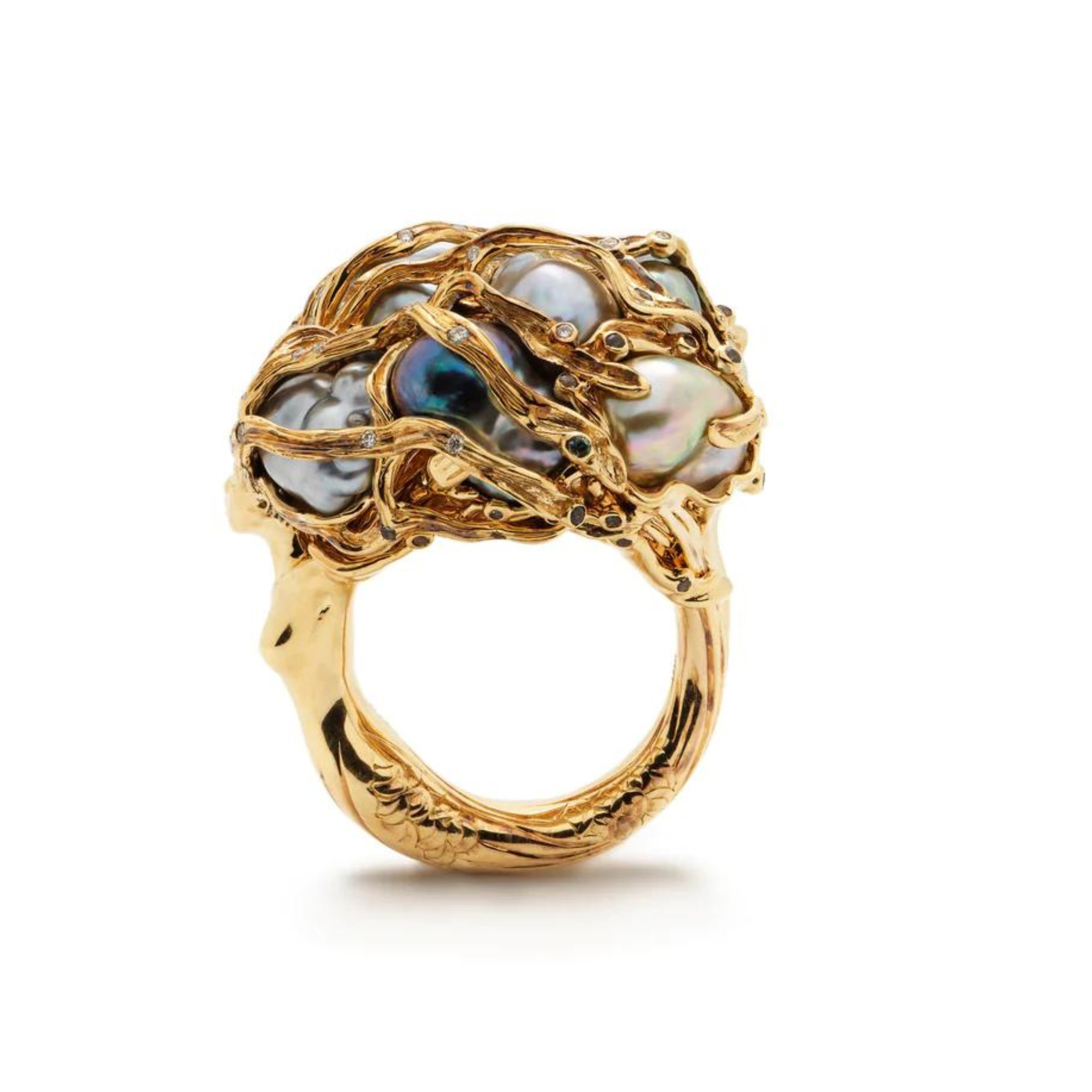 Bibi van der Velden, Sea Goddess Ring Crafted from 18K yellow gold, this cocktail ring features a mermaid's body serving as its band, with it's hair intertwined with  keshi pearls and tsavorites. Olive-green enameling symbolizing the flora of the seabed completes the nature-inspired aesthetic.