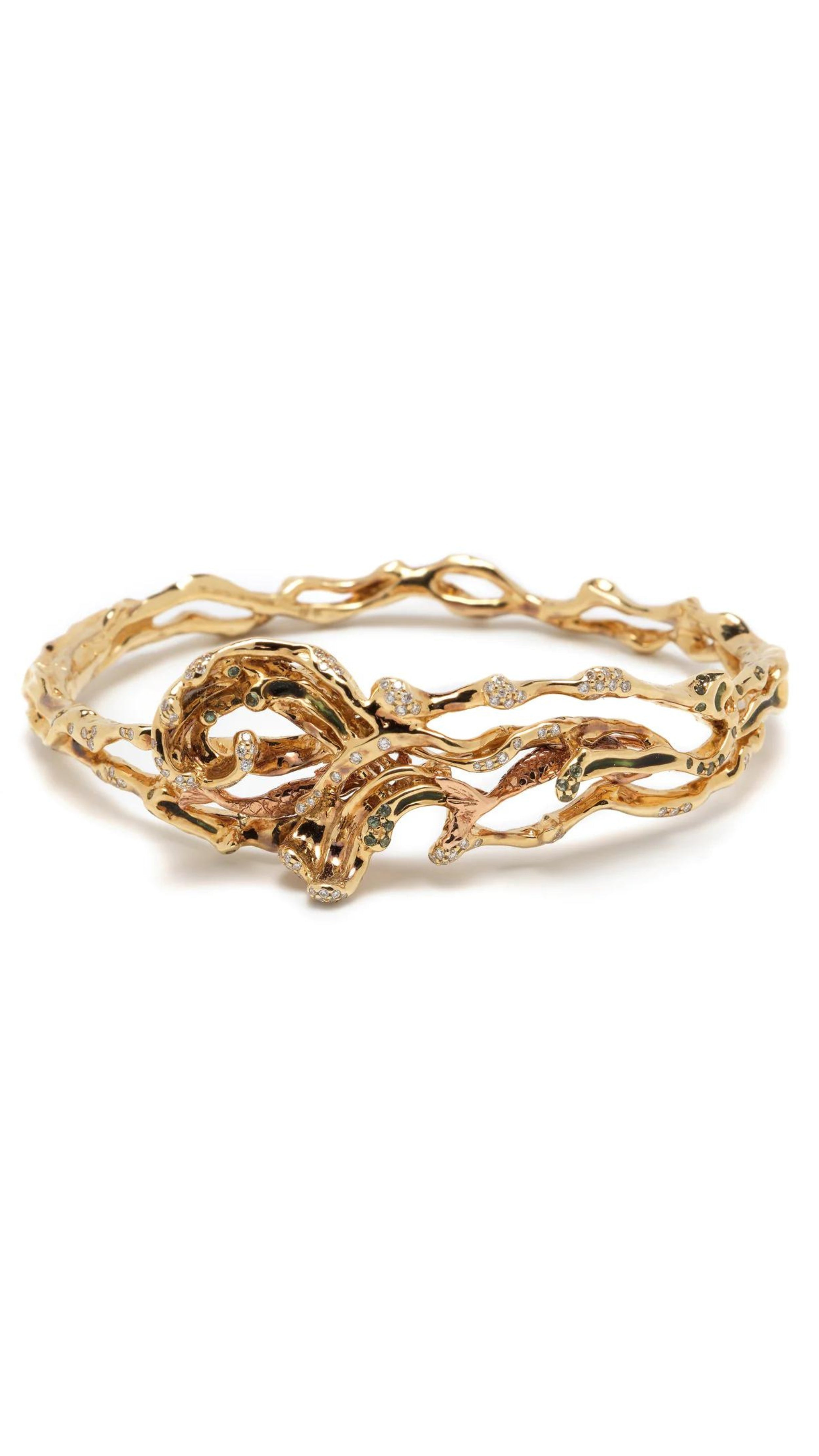 Bibi van der Velden, Sea Kelp Bracelet. This beautifully crafted Sea Kelp Bracelet is made with 18k yellow gold and features olive-green sapphires and enameling. Subtle accents of white diamonds and a mesmerizing 18k rose gold mermaid complete the look. Shown from the front.