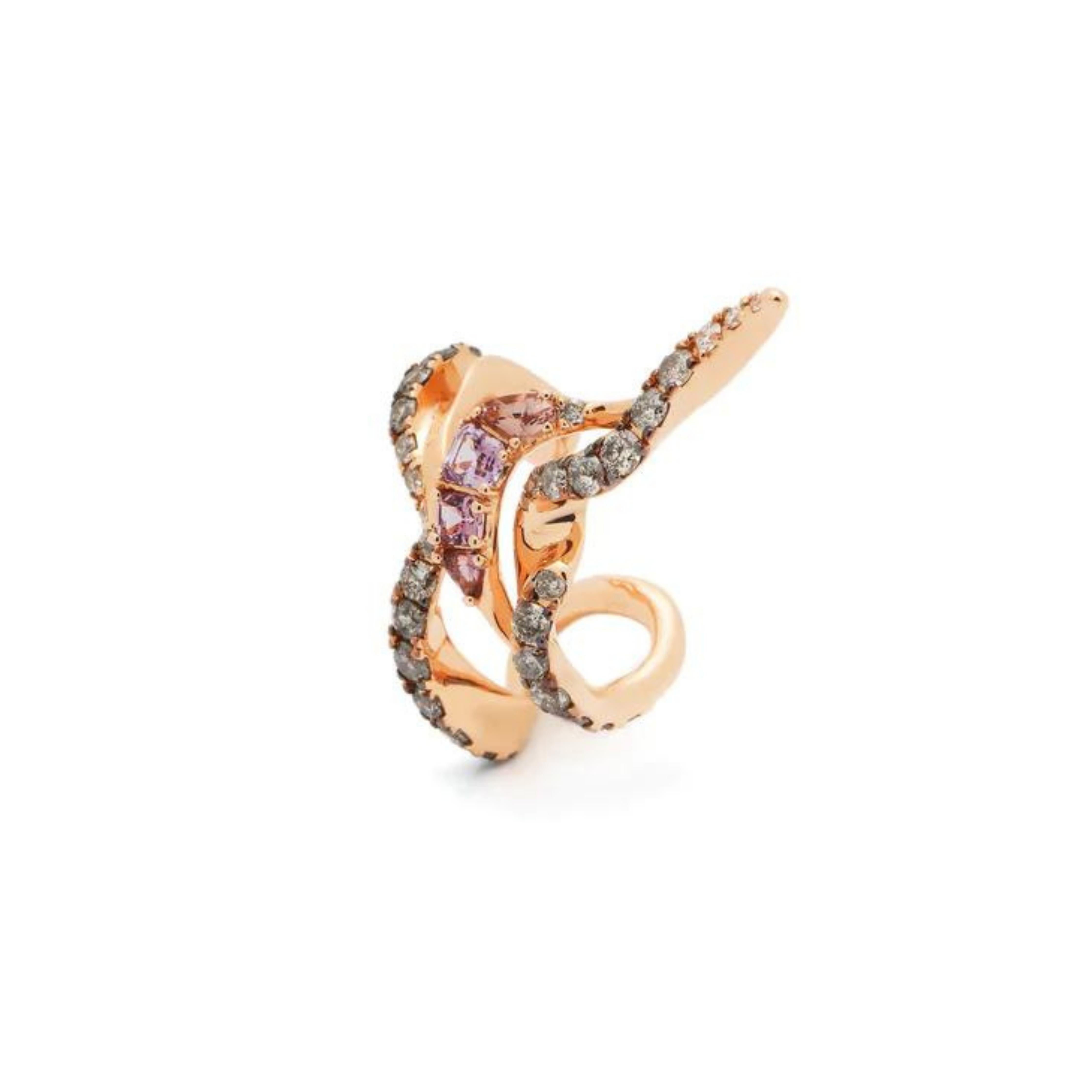 Bibi van der Velden Spark Violet Ear Hugger. Intricately woven in 18K rose gold to fit perfectly around the ear's edge.  Set with shades of white and grey diamonds, white sapphires, and grey spinels