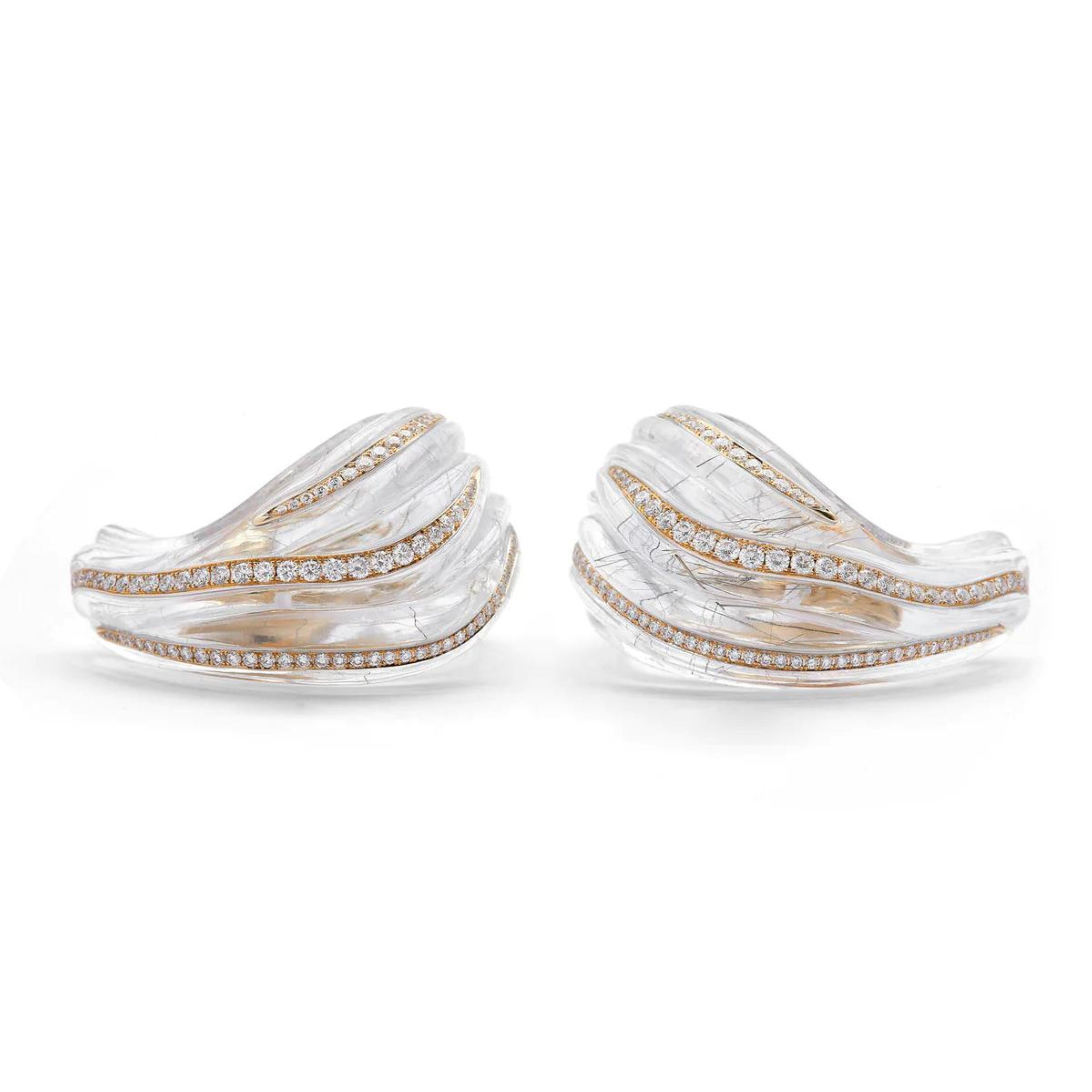 Bibi van der Velden Tidal Wave Earrings crafted with an 18K yellow gold base and accents, white diamonds, and rutile quartz. They are designed to evoke the powerful surge and delicate sparkle of a tidal wave. Front view.