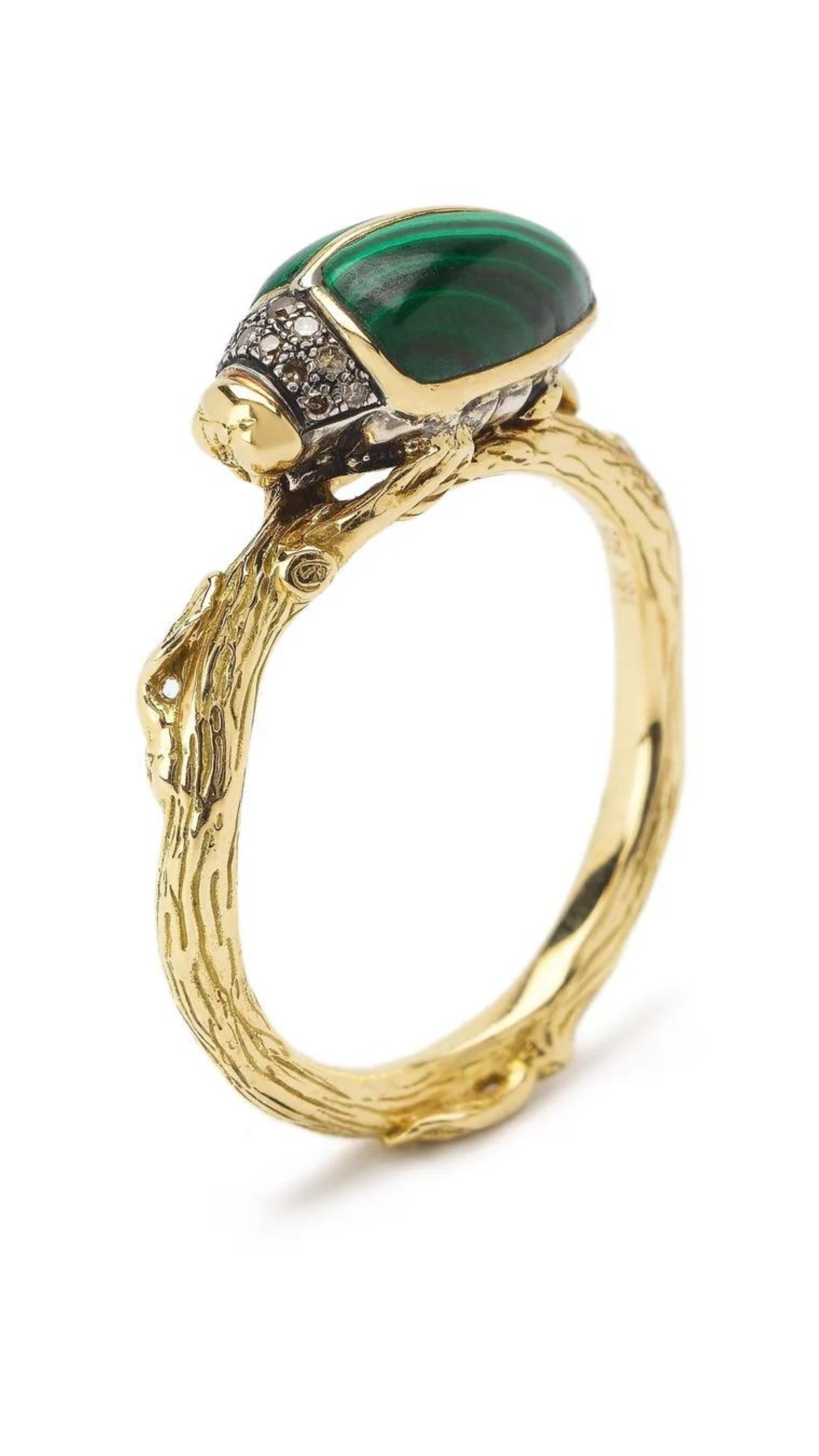Bibi van der Velden Malachite Scarab Ring Made in 18K yellow gold and sterling silver, this ring textured branch design and a carved Malachite scarab beetle on top. Shown from front and side angle.