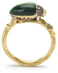 Bibi van der Velden Malachite Scarab Ring Made in 18K yellow gold and sterling silver, this ring textured branch design and a carved Malachite scarab beetle on top. Shown from the side.