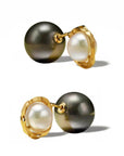 Two views of the Milamore Kintsugi Duo Pearl Earring with a white Akoya pearl and Black South Sea pearl.