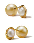 Two views of the Milamore Kintsugi Duo Pearl Earring with a white Akoya pearl and Gold South Sea pearl.