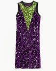 Plan C Color Block Sequin Dress. Sleeveless racer back style midi length dress in purple and lime green. Trimmed in black at the neckline and arms. The green sequins form a v shape in the front. Product photo facing front.