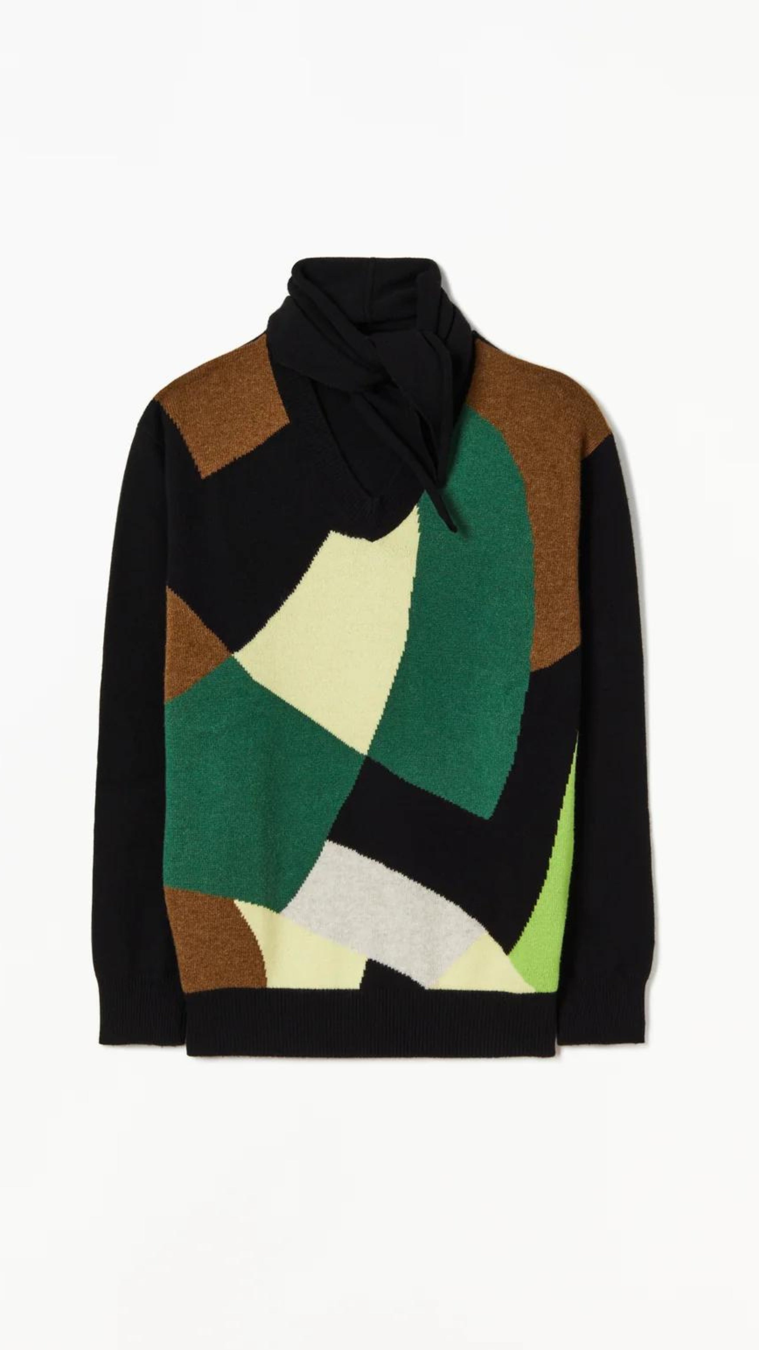 Plan C Color Block Sweater with Scarf. Wool and cashmere blend sweater made in Italy. With Green, pale yellow, ecru and black geometric patterns across the front and a sold black back. Comes with a built in scarf that can be worn tied or open. Shown  facing front.
