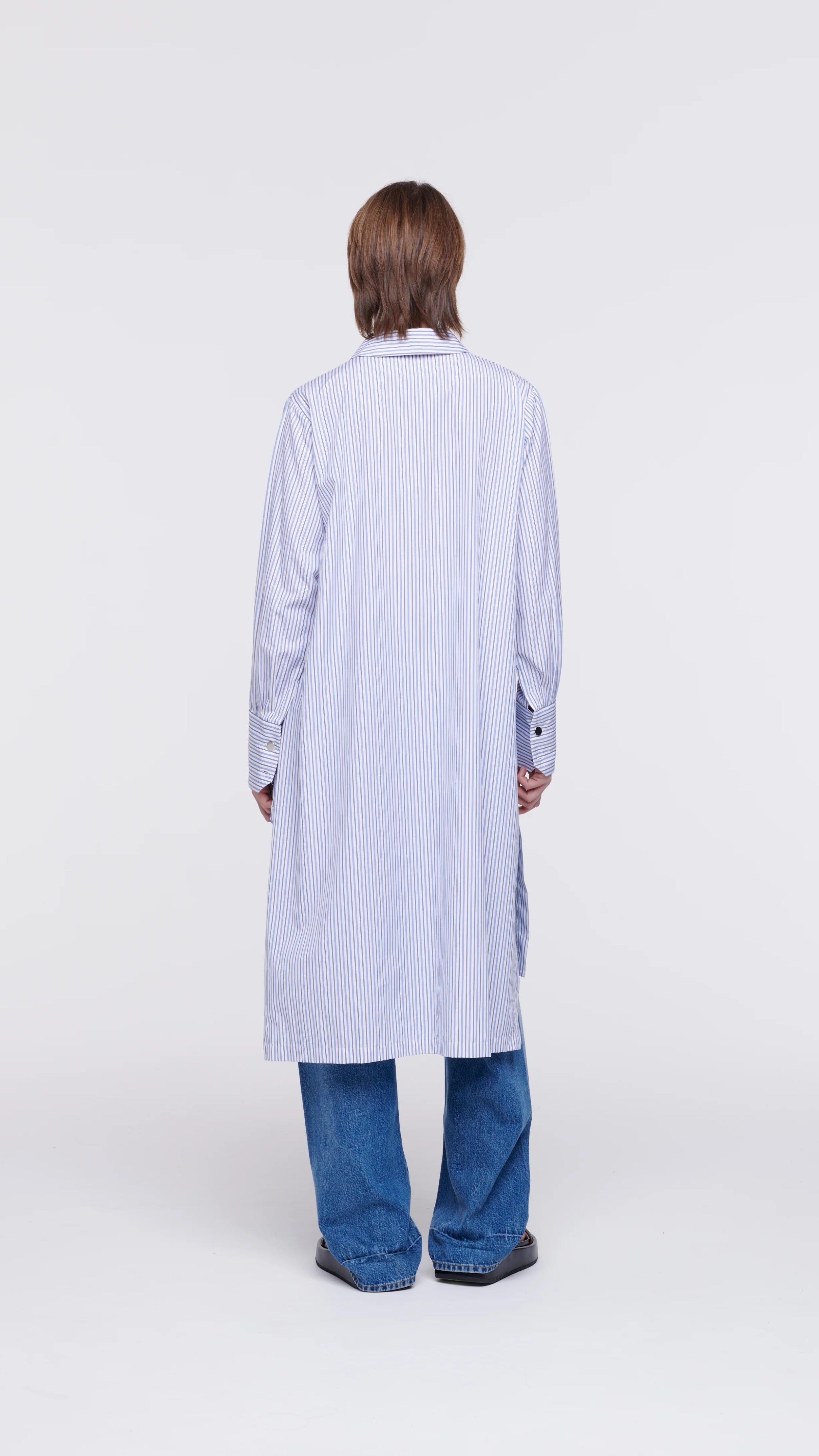 Plan C Striped Cotton Poplin Shirt Dress Classic yet modern shirt dress made from soft cotton poplin in pale blue and white stripes. It has three silver buttons, a collared neckline, long cuffs, and a breast pocket. It's designed with a relaxed fit and side pockets. Shown on model facing back