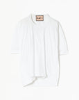 Plan C Draped Back White Cotton Tee 100% cotton, classic white tee with an updated modern draped back. The iconic Bianca patch in bold red adds a discreet accent at the back neckline. Flat product photo.