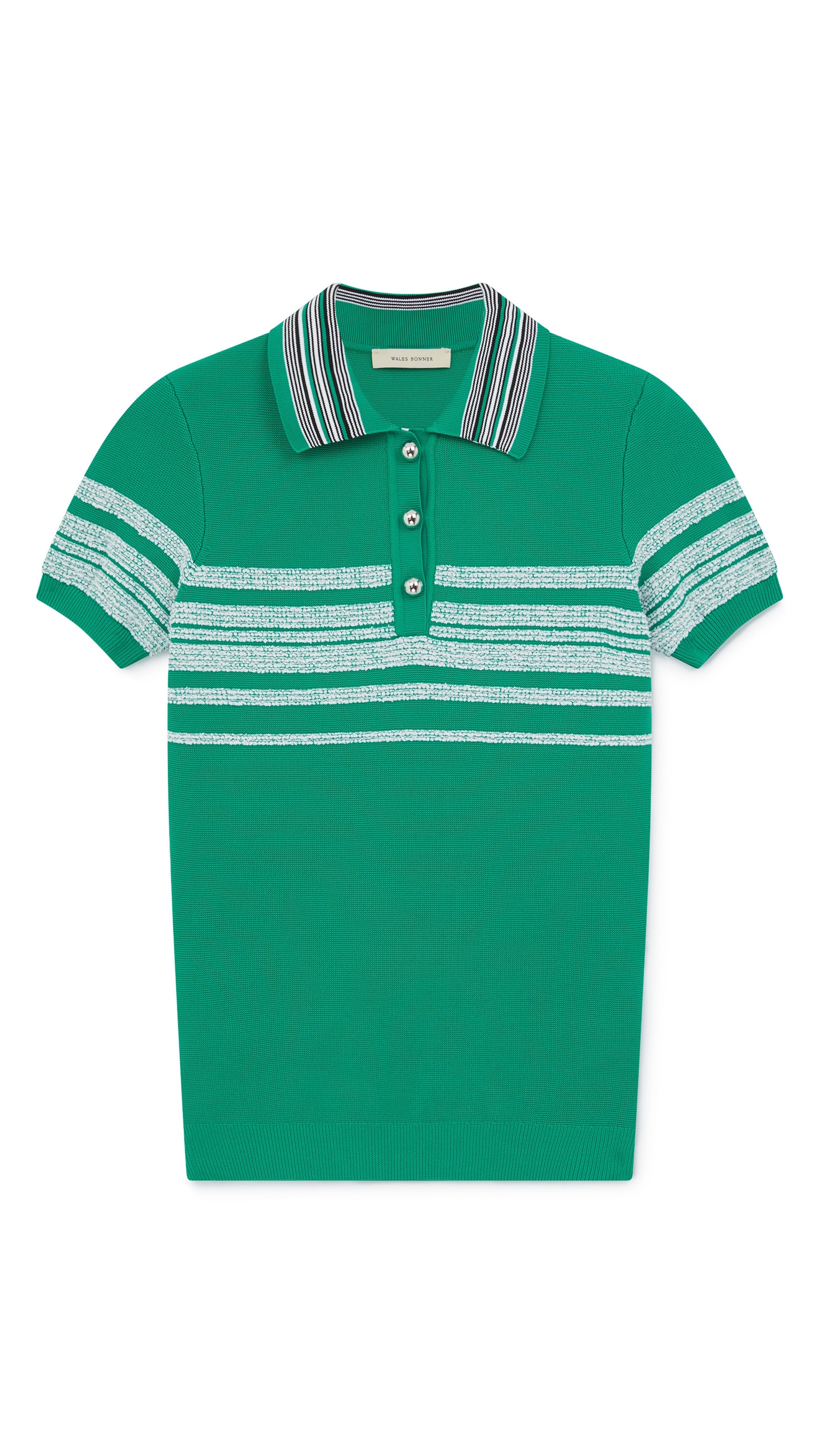 Wales Bonner Dawn Summer Knit Polo The Dawn Summer Knit Polo is a lightweight and breathable summer tee shirt. A classic polo-style design top with short sleeves and a black striped collar, it is decorated with a white striped pattern across the chest and sleeves. Product photo facing front