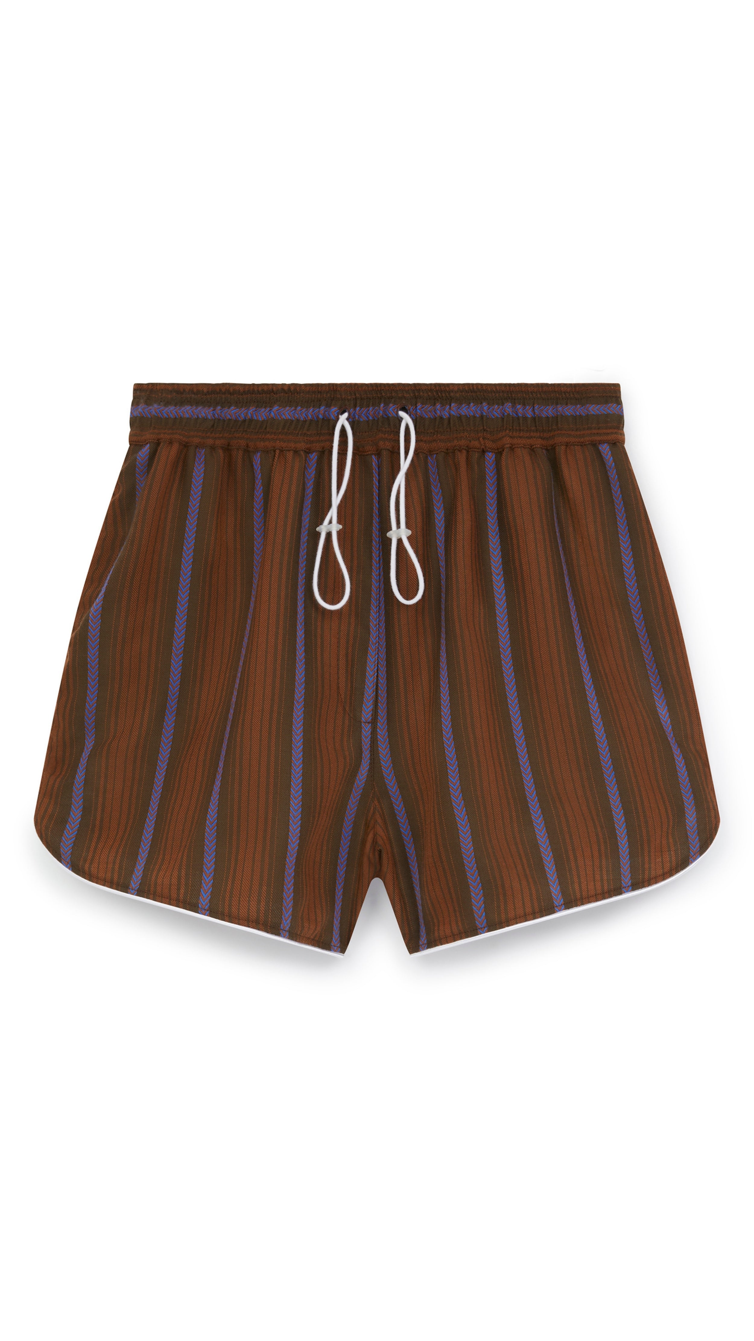 Wales Bonner The Life Shorts are made from Italian-made, lightweight herringbone summer wool fabric in deep brown and blue stripes. Classic atheltic shape these shorts have an elastic waistband, a draw string and contrasting white trim at the leg. Product photo shown flat.