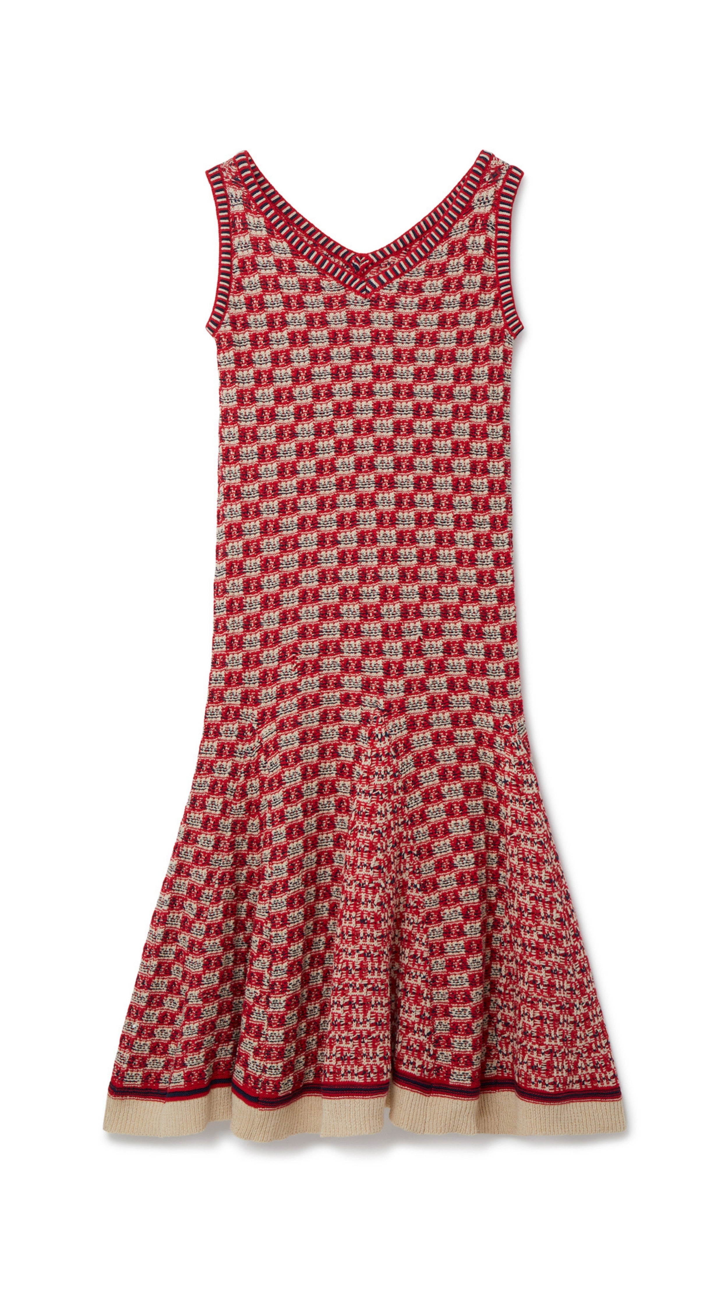 Wales Bonner Soar Godet Dress Woven in an light weight summer Italian cotton knit. This midi length dress has a checkered pattern in red, ivory and black. It has a v-neckline and slightly flared skirt that falls just below the knee. Product flat photo.