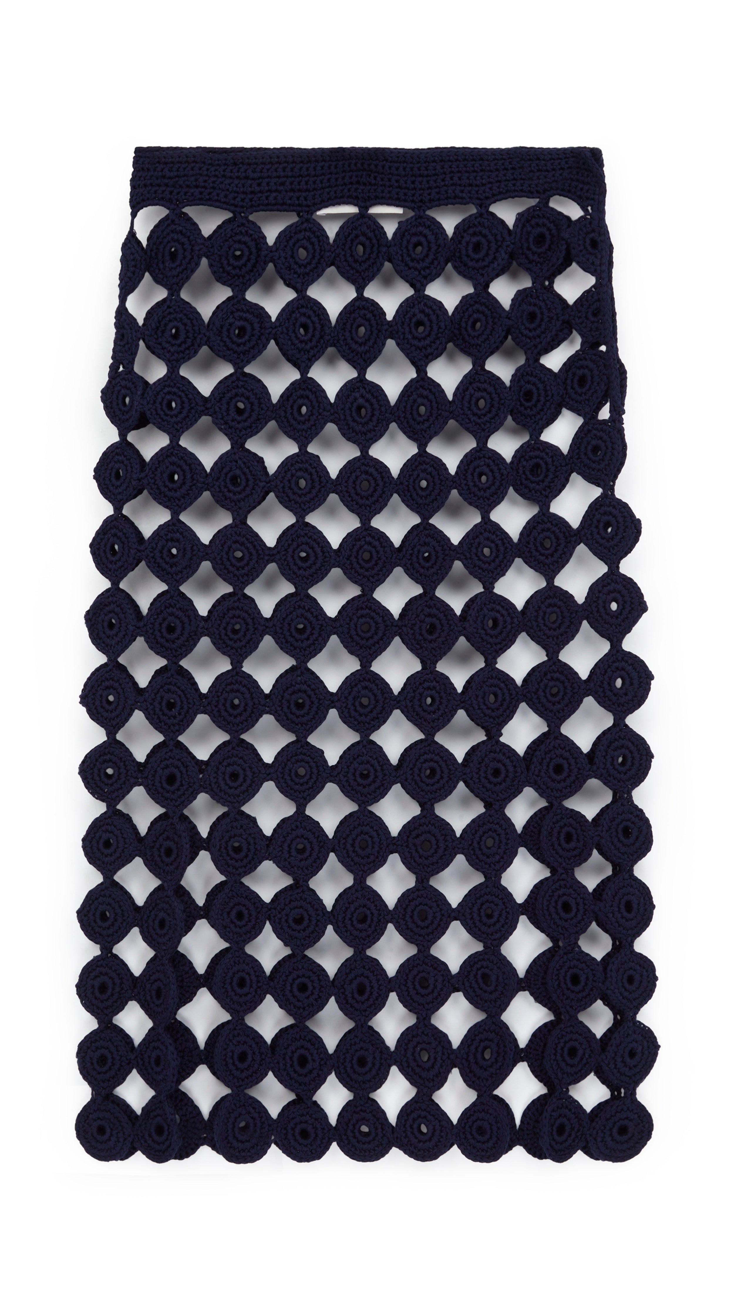 Wales Bonner Stanza Knit Skirt The Stanza Knit Skirt is crafted with an elastic waist and a straight body, falling just below the knee. It's made from a cotton and lycra blend open knit crochet in navy blue. Product photo shown flat.