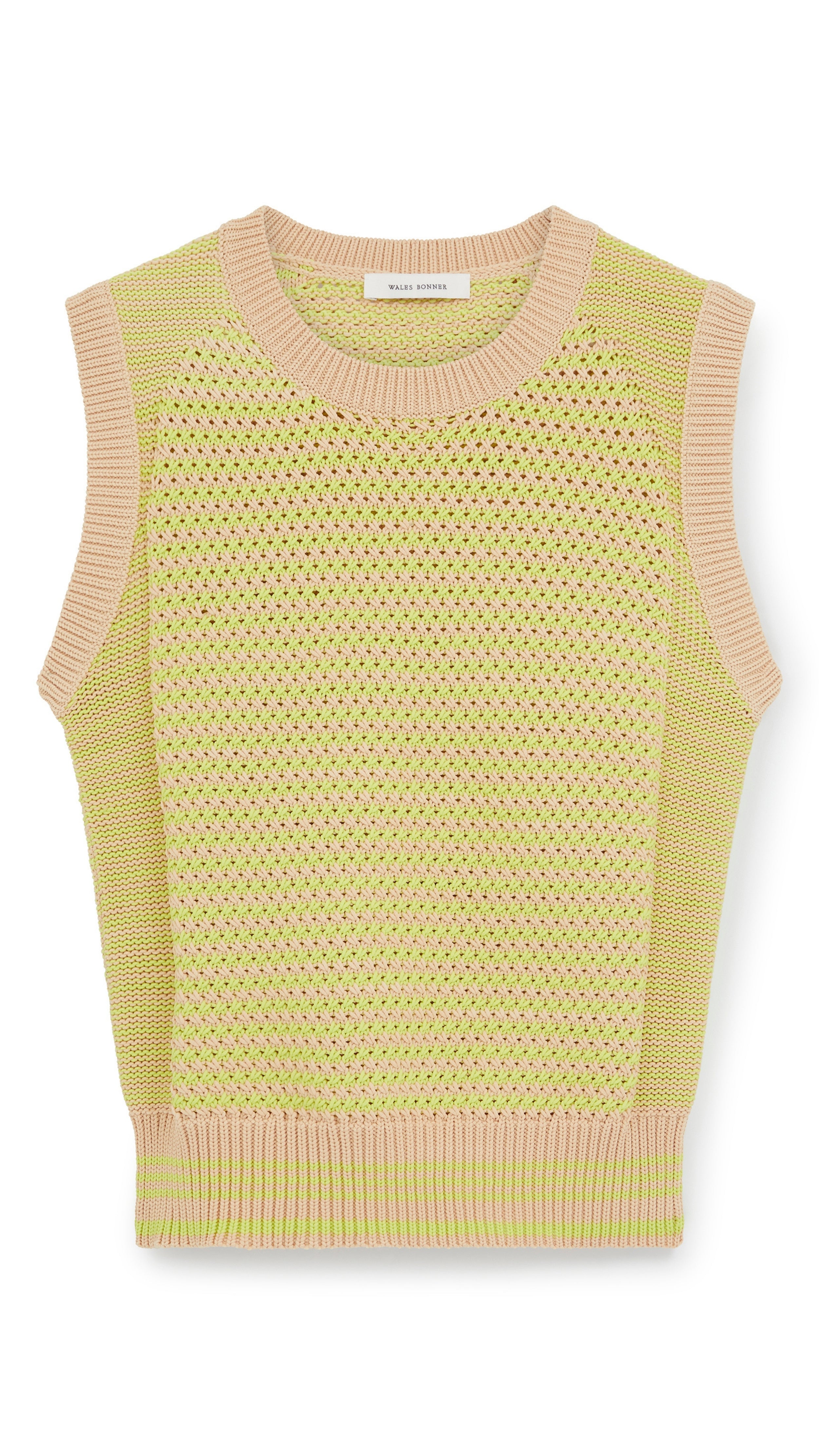Wales Bonner Unity Sweater Vest Woven from recycled polyester, the vest is lime green and beige with pops of pale pink. This top has ribbed knit at the waist and arms. Product photo shown from front.
