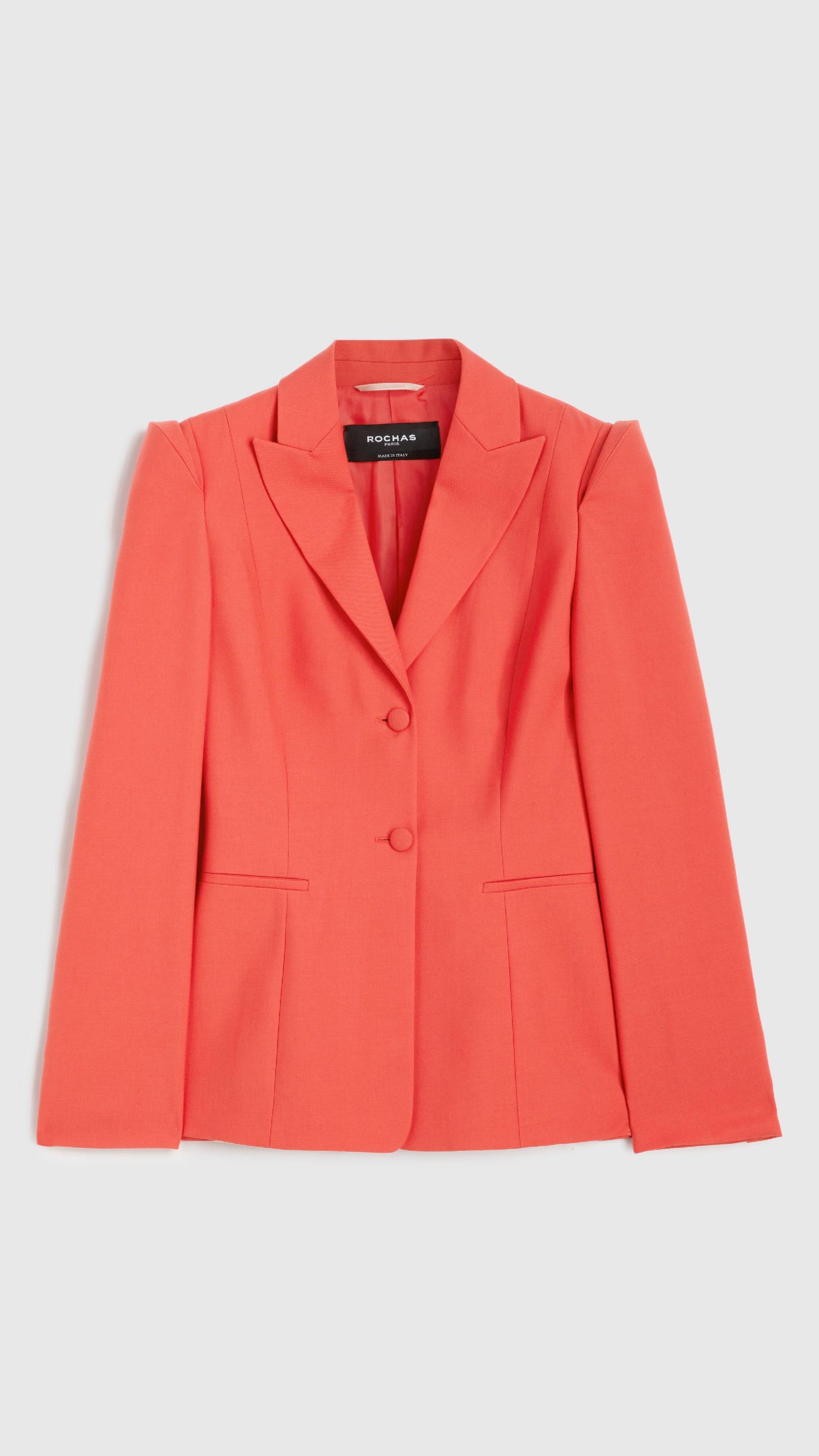 Rochas Paris Two Buttons Jacket. Sharp tailored suit with crisp lapel. Orange light red color. Product photo facing front.