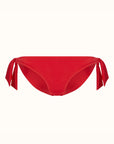 Talia Collins The Bow Tie Brief in Goji Red. Sustainable swimwear made from recycled materials. Classic side tie style with full coverage. California surfer chic. Experience 27 Madrid. Product photo front view.