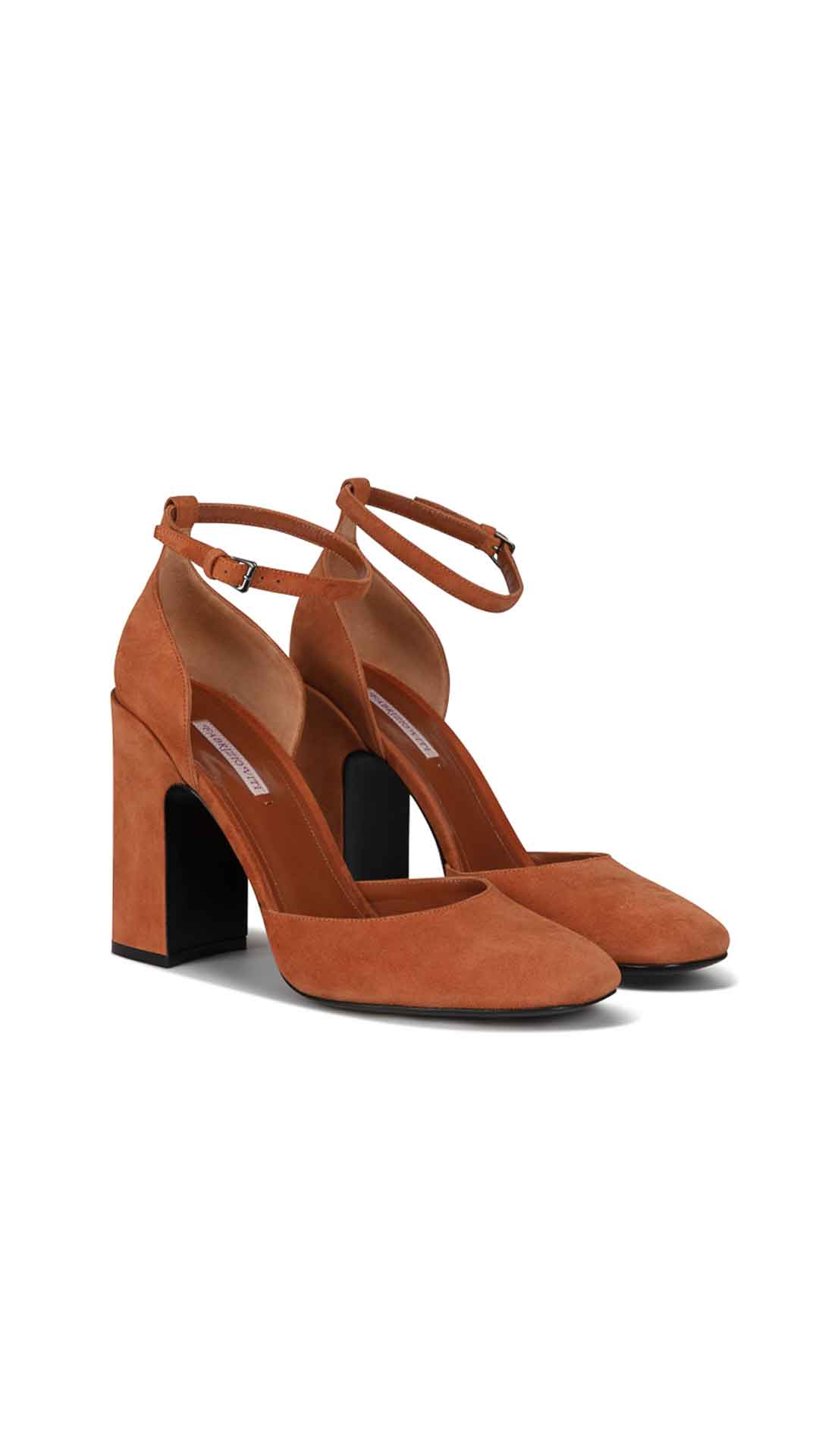 Fabrizio Viti Loren Pump High Heel Created from the most sophisticated suede, this heeled wonder in a caramel brown hue is Fabrizio's contemporary take on the classic Mary Jane. Chunky heel and suede ankle strap. Caramel color suede.