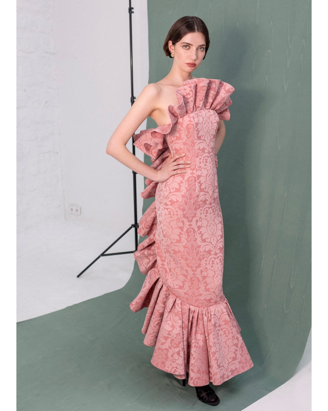 Henri Paris, Pink Damask Structured Ruffle Strapless Gown, full-length model shot showing cascade ruffle and gathered hem flounce in dusty pink damask, Experience 27