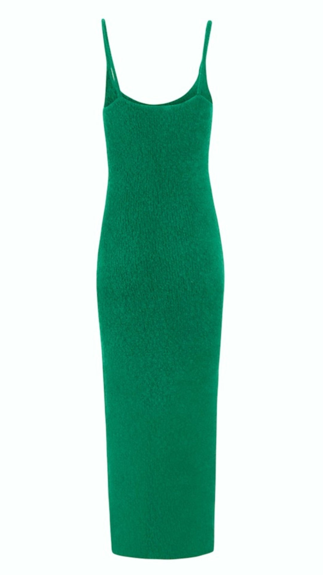 Alejandra Alonso Rojas Machine Knit Dress in Green. Crafted in the softest camel wool it is a form fitting dress with thin straps and falls to midi length. It has a slit to just above the knee on one side. Product photo showing back view.