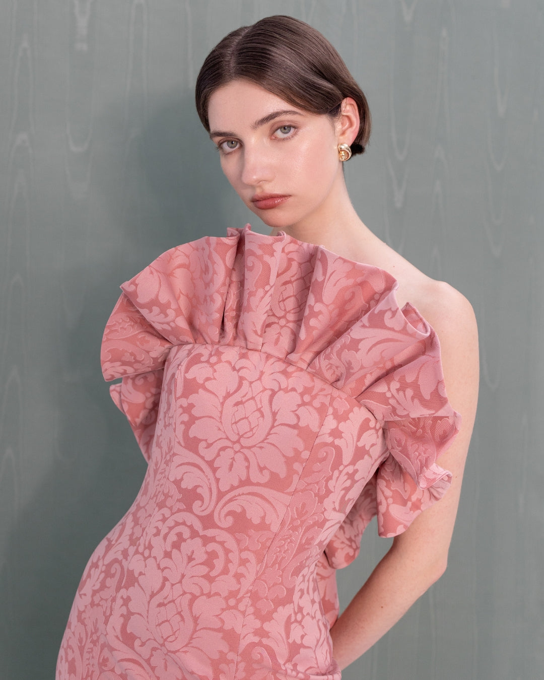 Henri Paris, Pink Damask Structured Ruffle Strapless Gown, close-up of structured tiered cascade ruffle in baroque damask print, Experience 27