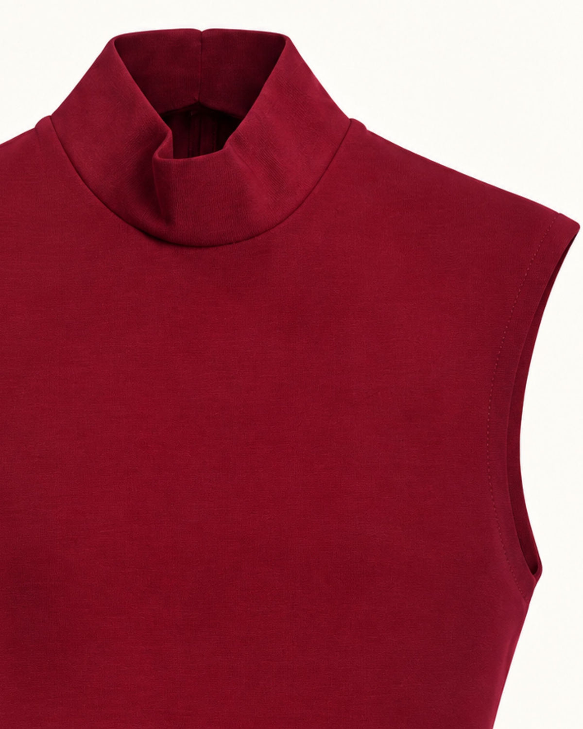 Françoise Willa Dress in burgundy, close-up of mock collar and back zip detail