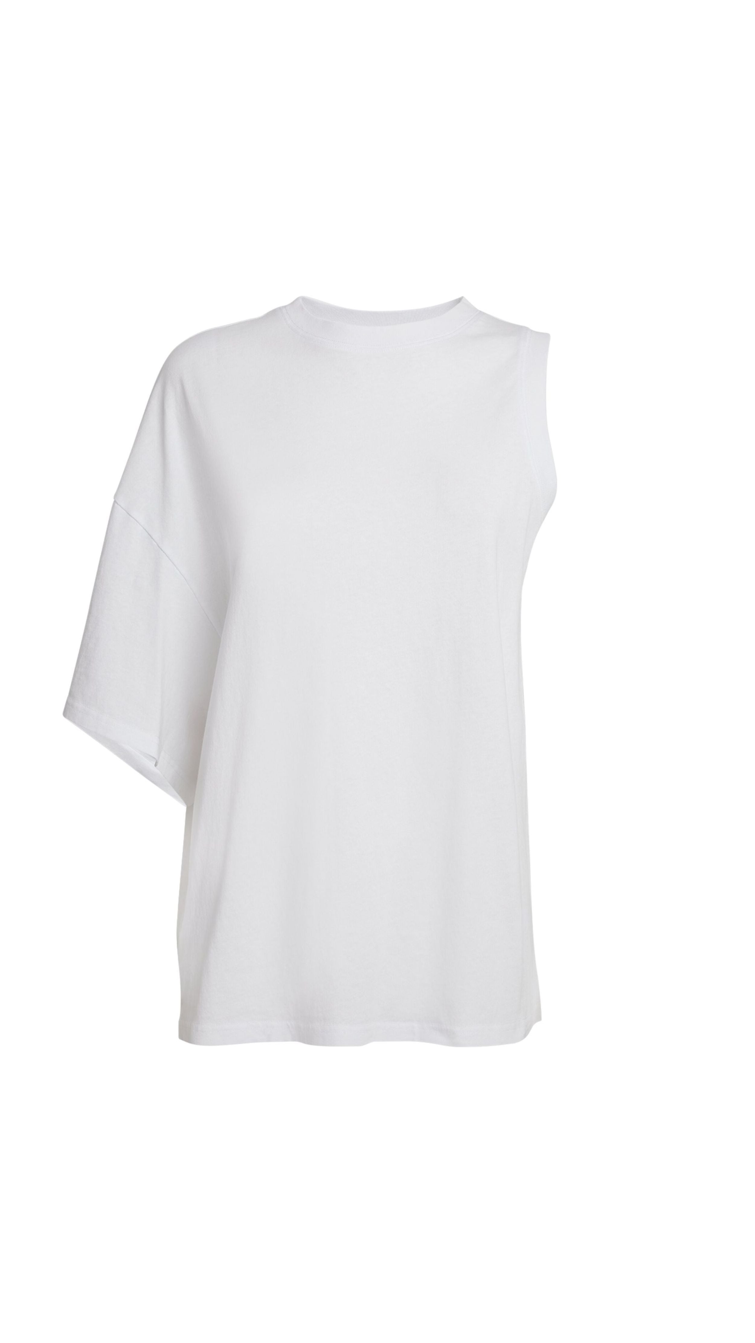 A.W.A.K.E. Mode Asymmetrical One Sleeve T-Shirt in white cotton. Sleeveless on one side and with an exaggerated sleeve on the other. Rounded t-shirt neckline that is slightly off the shoulder. The waist is fitted so the shirt drapes beautifully. 