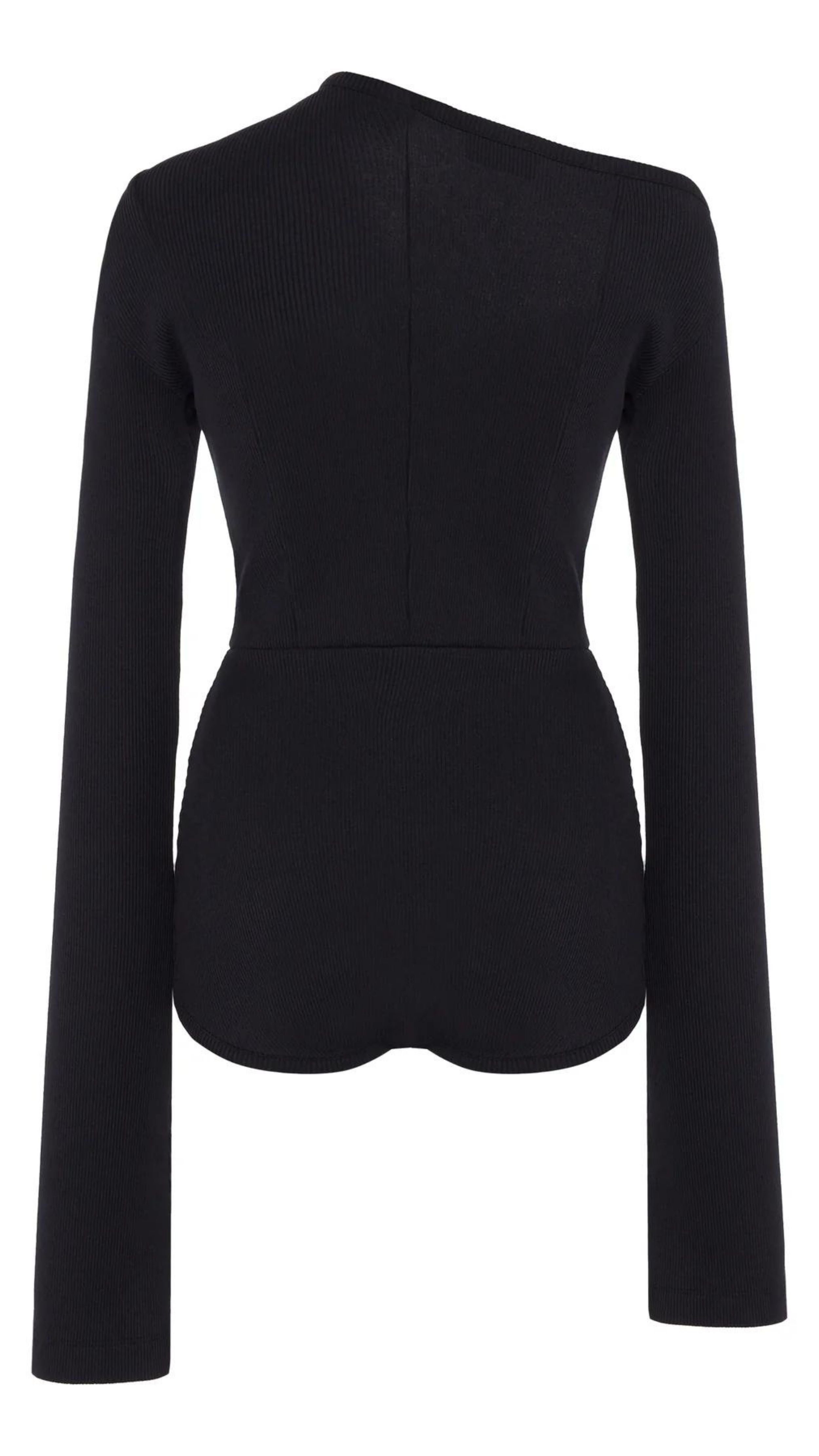 AWAKE Mode Body Suit with Asymmetrical Collar in Black. 100% Cotton top with an asymmetrical collar. Slightly off shoulder on one side. Buttons up the front and extra long sleeves. Back product photo