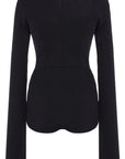 AWAKE Mode Body Suit with Asymmetrical Collar in Black. 100% Cotton top with an asymmetrical collar. Slightly off shoulder on one side. Buttons up the front and extra long sleeves. Back product photo