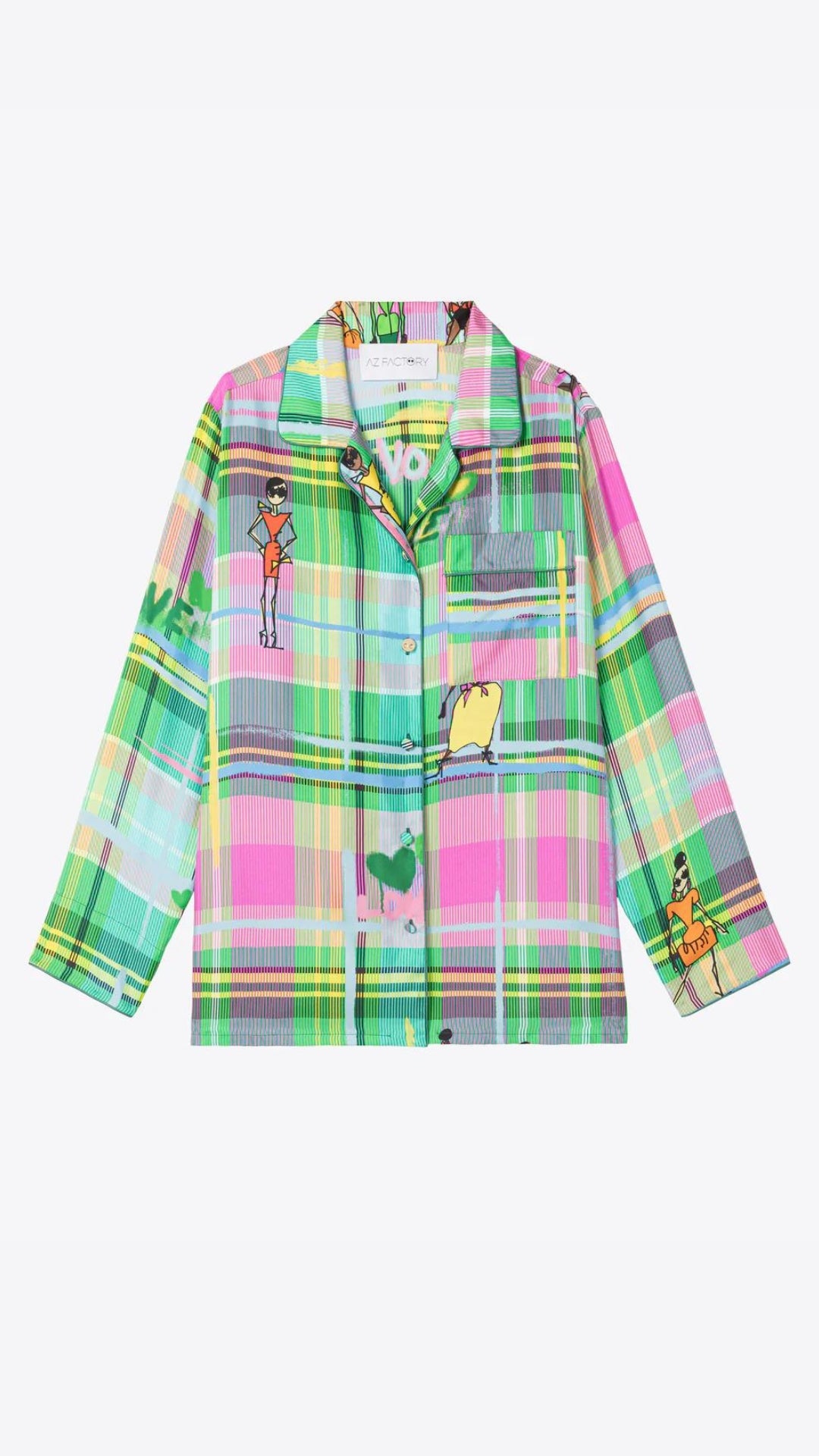 AZ Factory Chromatic Love Silk Blouse. Oversize silk blouse in multi color plaid with Alber Elbaz sketches on top. Button up front with rounded collar. Product photo facing front.