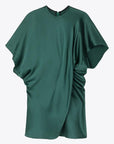 AZ Factory Colville Molly Molloy Lucinda Chambers, Asymmetric Satin Tee Shirt. Elegantly draped in forest green satin material in a classic tee shirt shape. Product photo from the front.