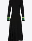 AZ Factory Colville Molly Molloy and Lucina Chambers Back Keyhole Asymmetrical Dress. Knit dress in black with a key hole cut out in the back. The neckline and the cuffs are rimmed in green and yellow. Asymmetrical long hem. Product photo facing front.