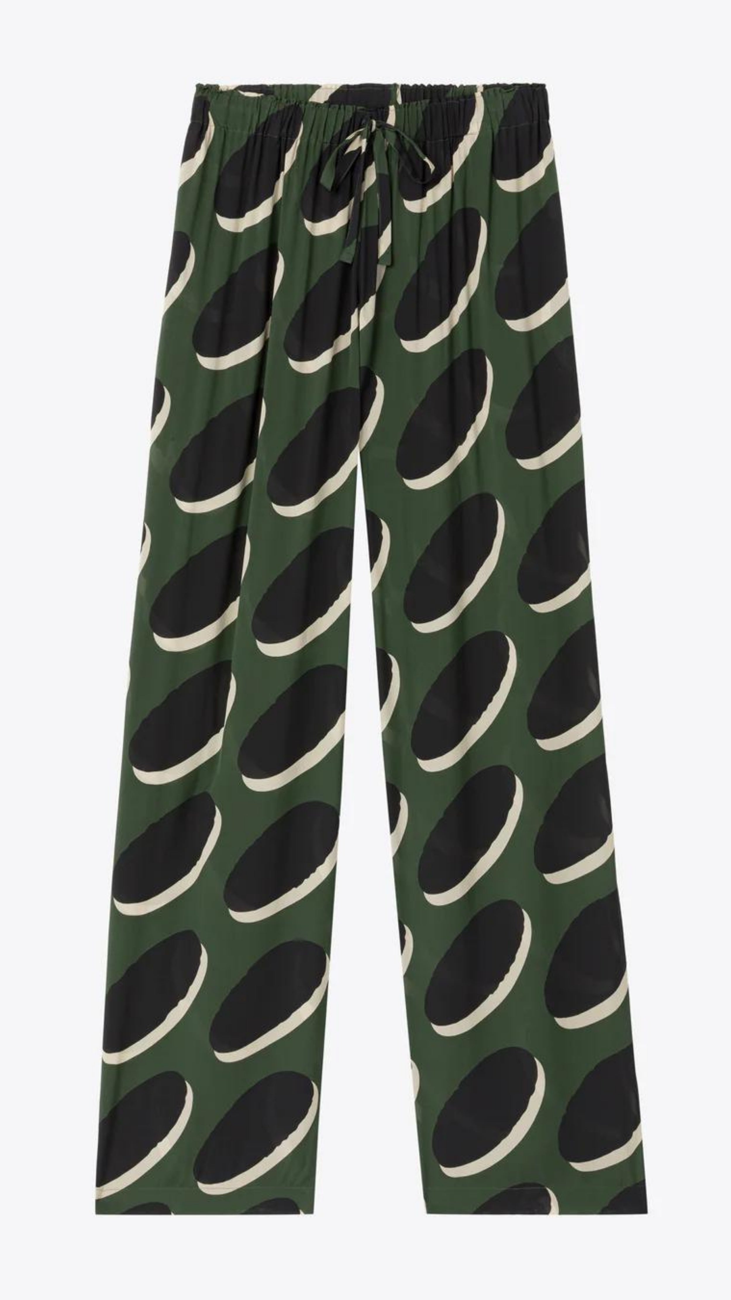 AZ Factory Colville Molly Molloy Lucinda Chambers, Pajama Pants in Khaki Macaroon Pajama loose style silky pants with elastic and drawstring waist band. Crafted in olive green with black and ecru oval pattern. Product flat photo